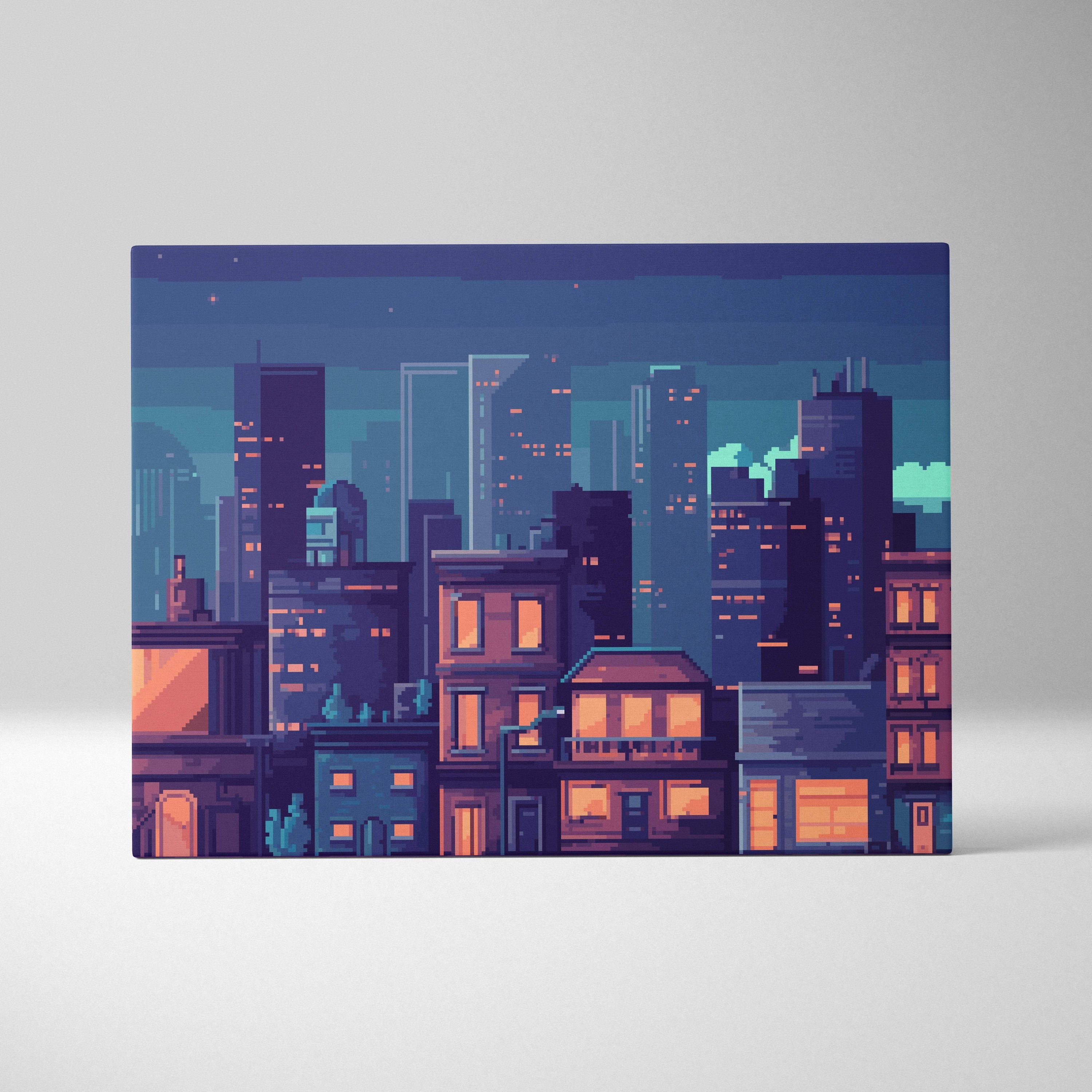 Blue city night pixel art canvas print featuring a rectangular dusk cityscape with glowing orange windows and deep blue buildings