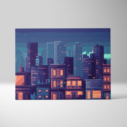 Blue city night pixel art canvas print featuring a rectangular dusk cityscape with glowing orange windows and deep blue buildings