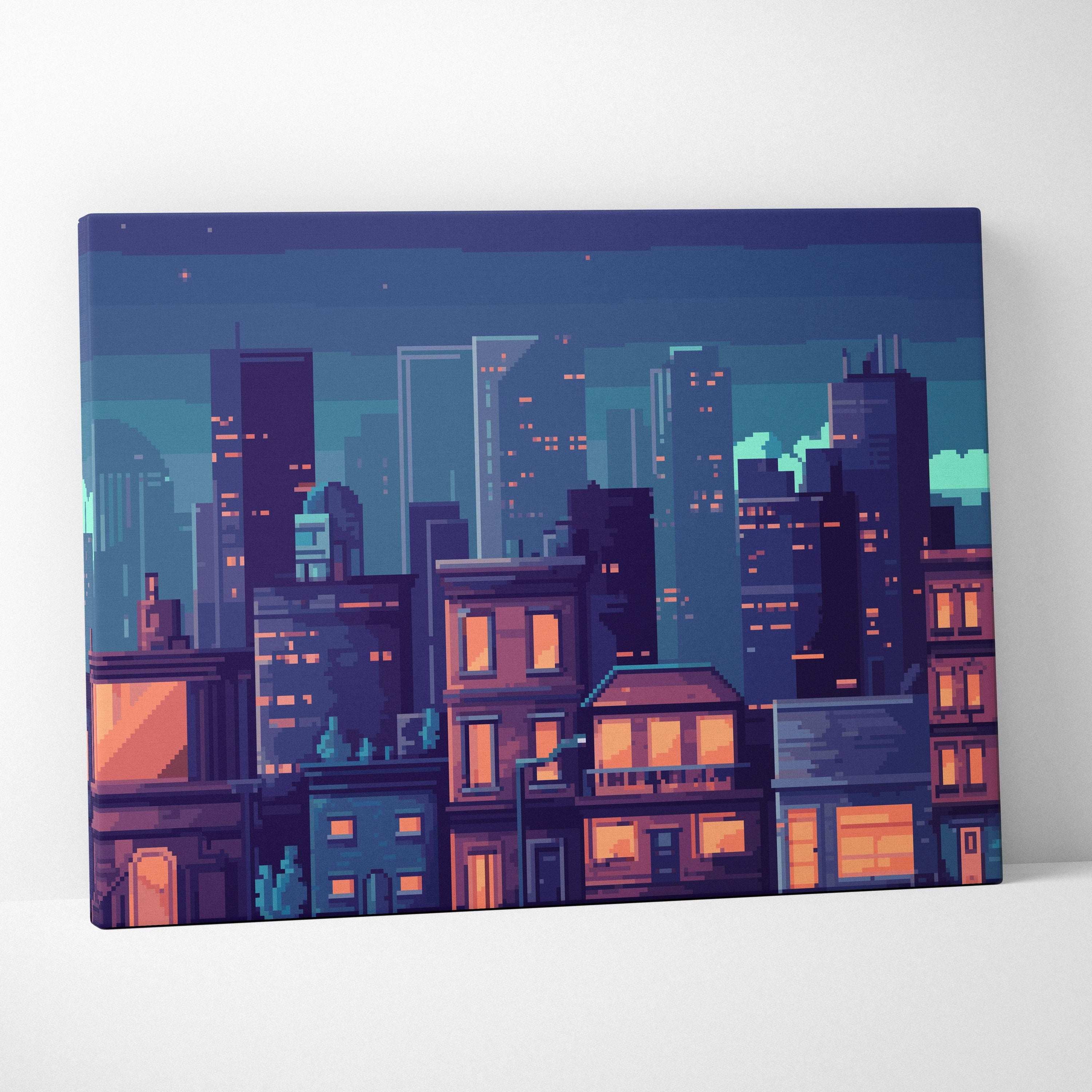 Blue city night pixel art canvas print showing vibrant glowing orange windows in a deep blue twilight cityscape