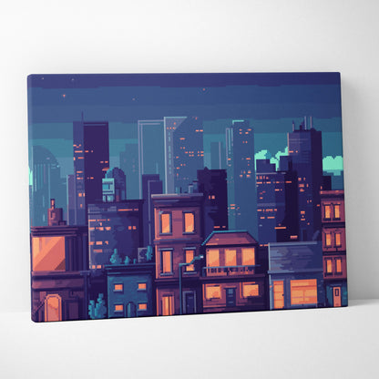 Blue city night pixel art canvas print showing vibrant glowing orange windows in a deep blue twilight cityscape
