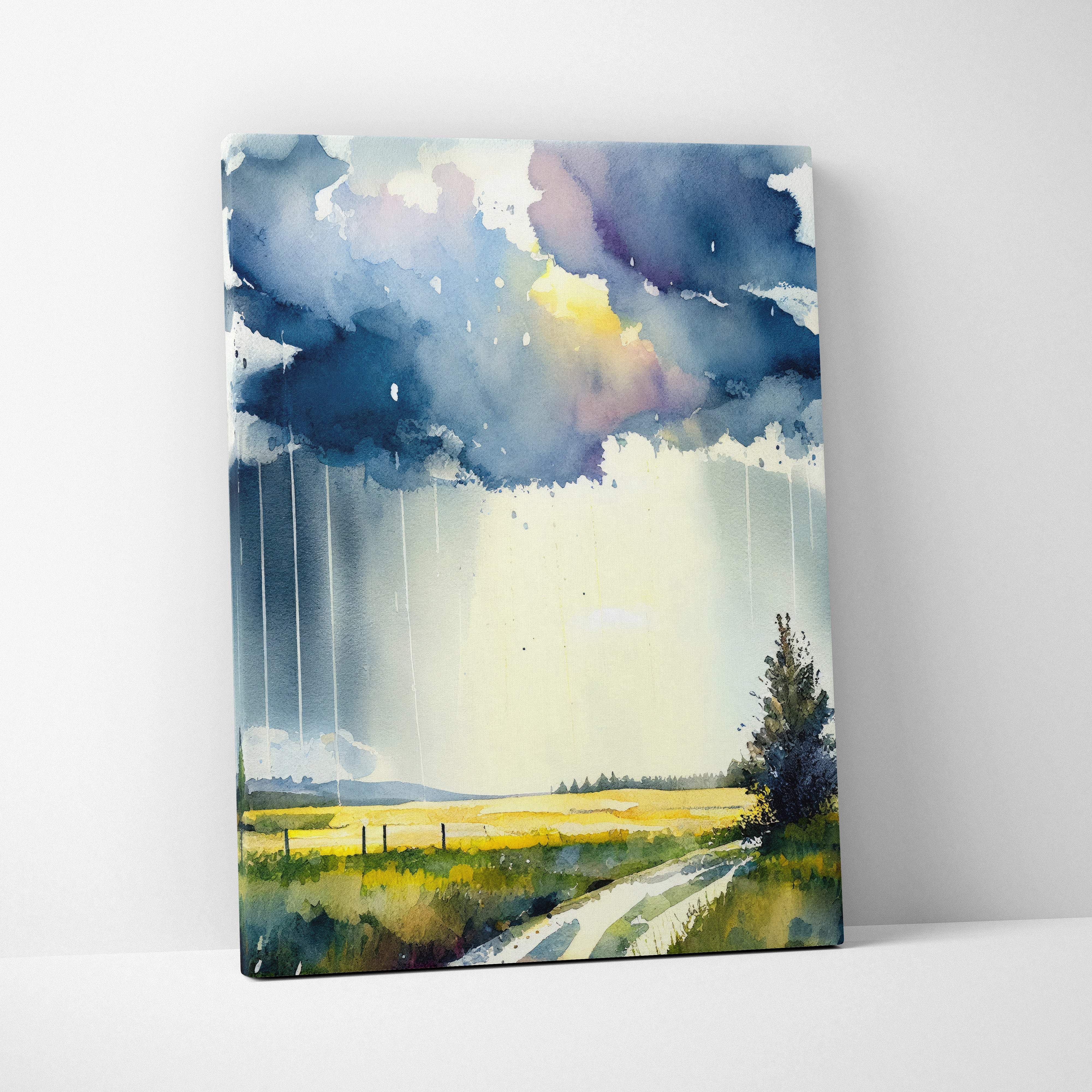Watercolor canvas art depicting stormy sky with dark blue and purple clouds over golden field and winding dirt path