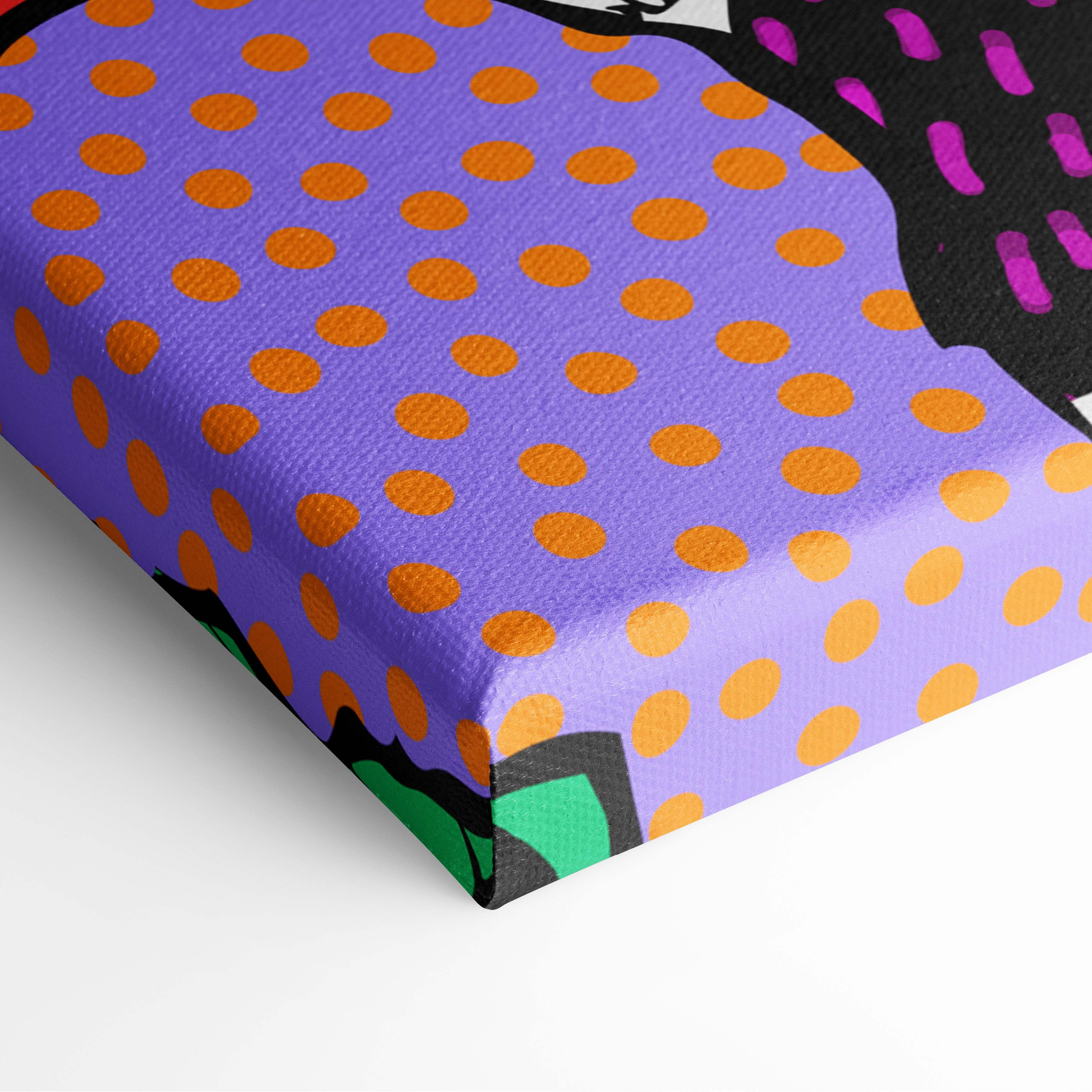 Purple canvas wall art with orange polka dots featuring a stylized cartoon character for modern office decor