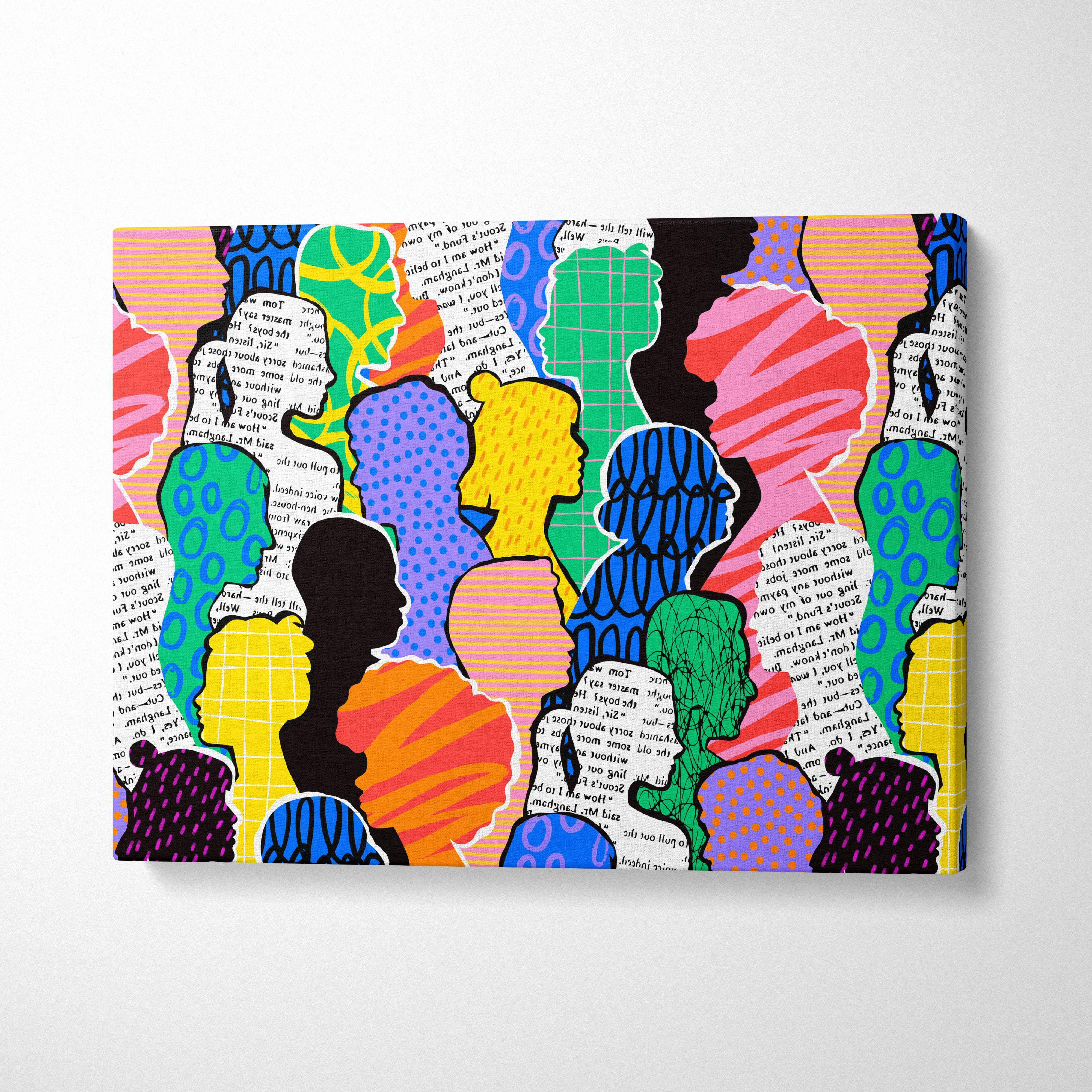 Vibrant pop art canvas wall art with colorful stylized silhouettes of diverse people on printed text background