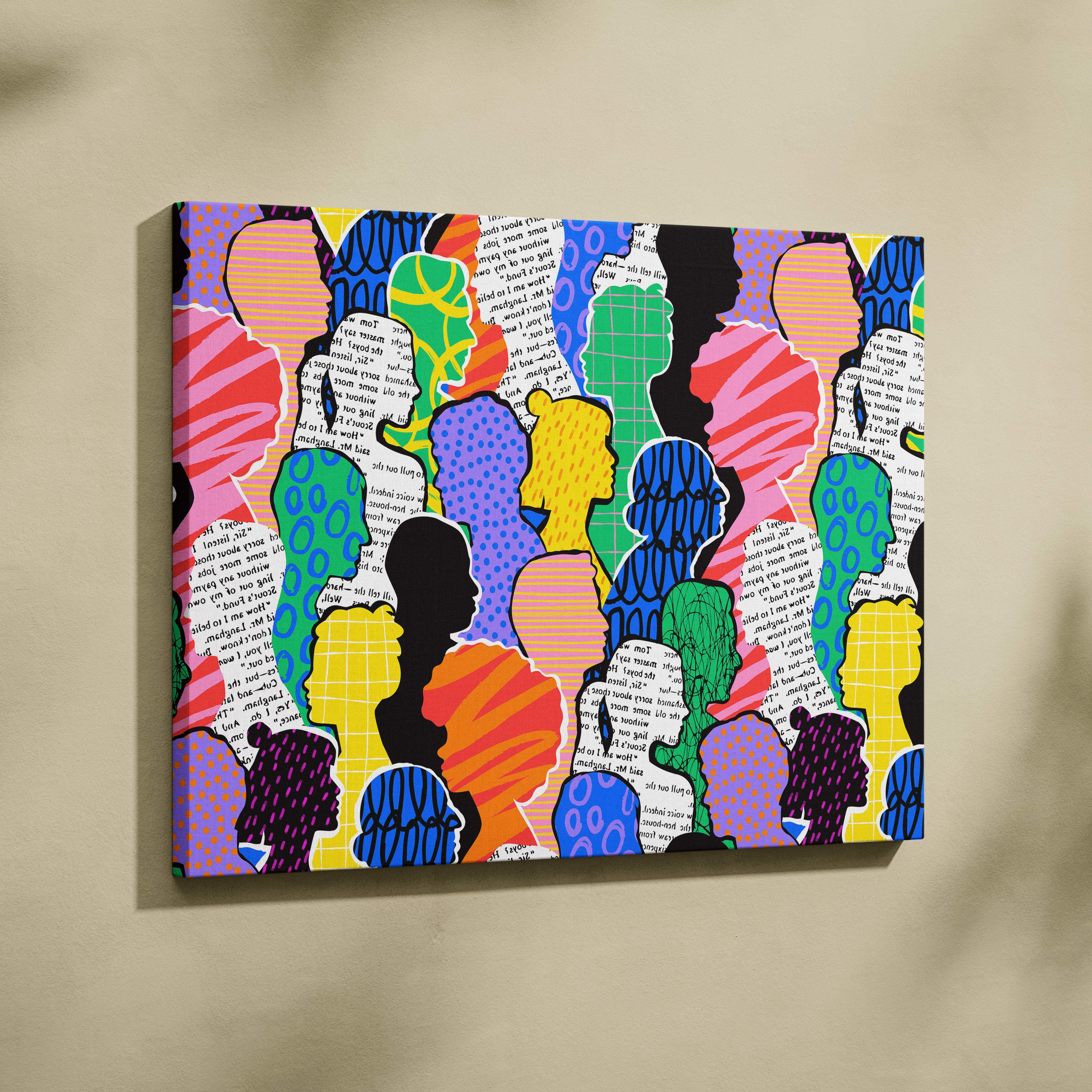 Contemporary colorful crowd canvas wall art featuring vibrant pop art silhouettes of diverse women in bold patterns