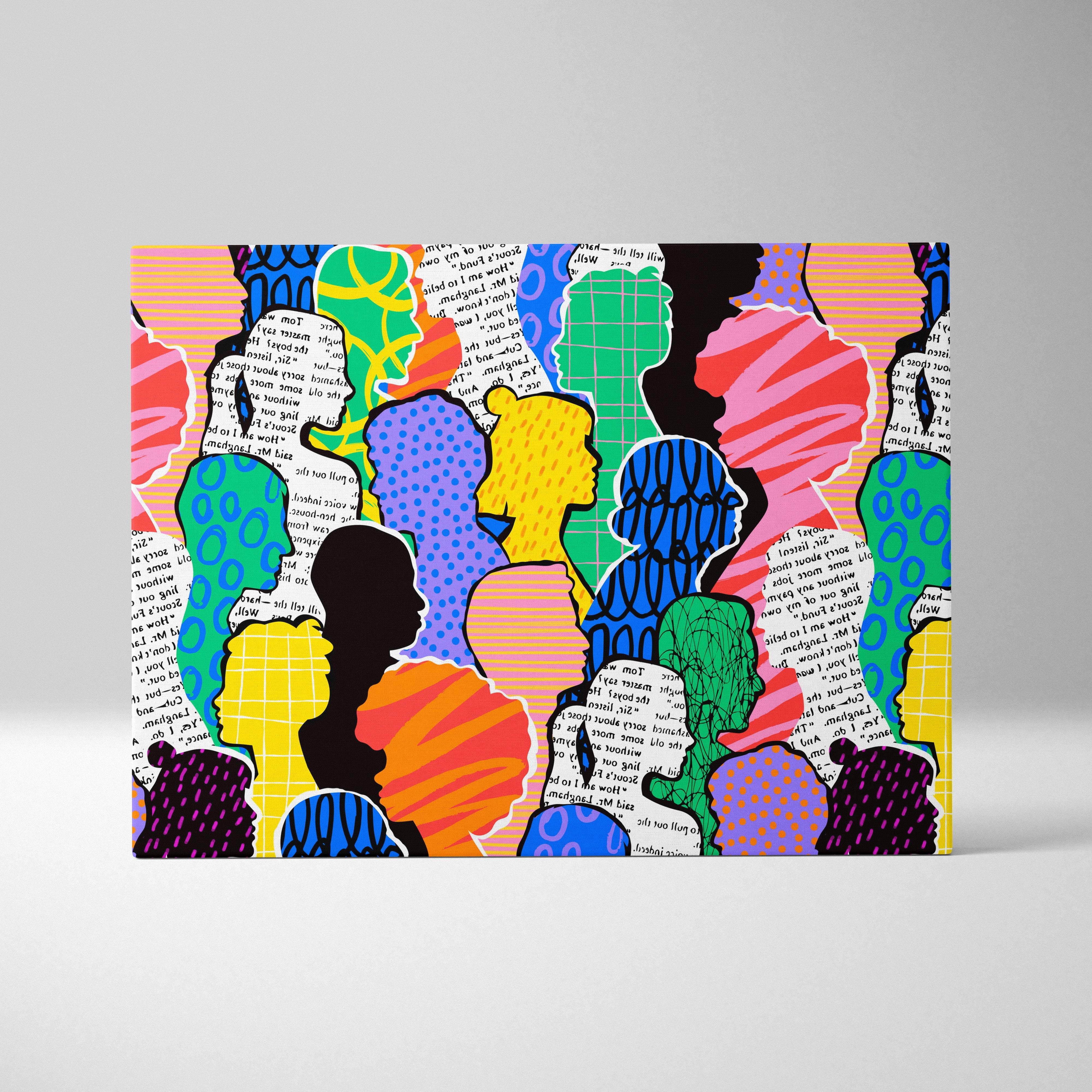 Vibrant pop art canvas featuring stylized colorful silhouettes of diverse people for modern office decor