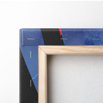 Minimalist wooden frame undead dragon overlord canvas art with blue black abstract patterns and red accents