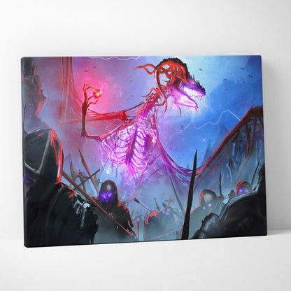 Undead dragon overlord canvas art with glowing skeletal dragon in purple pink hues above dark armored warriors