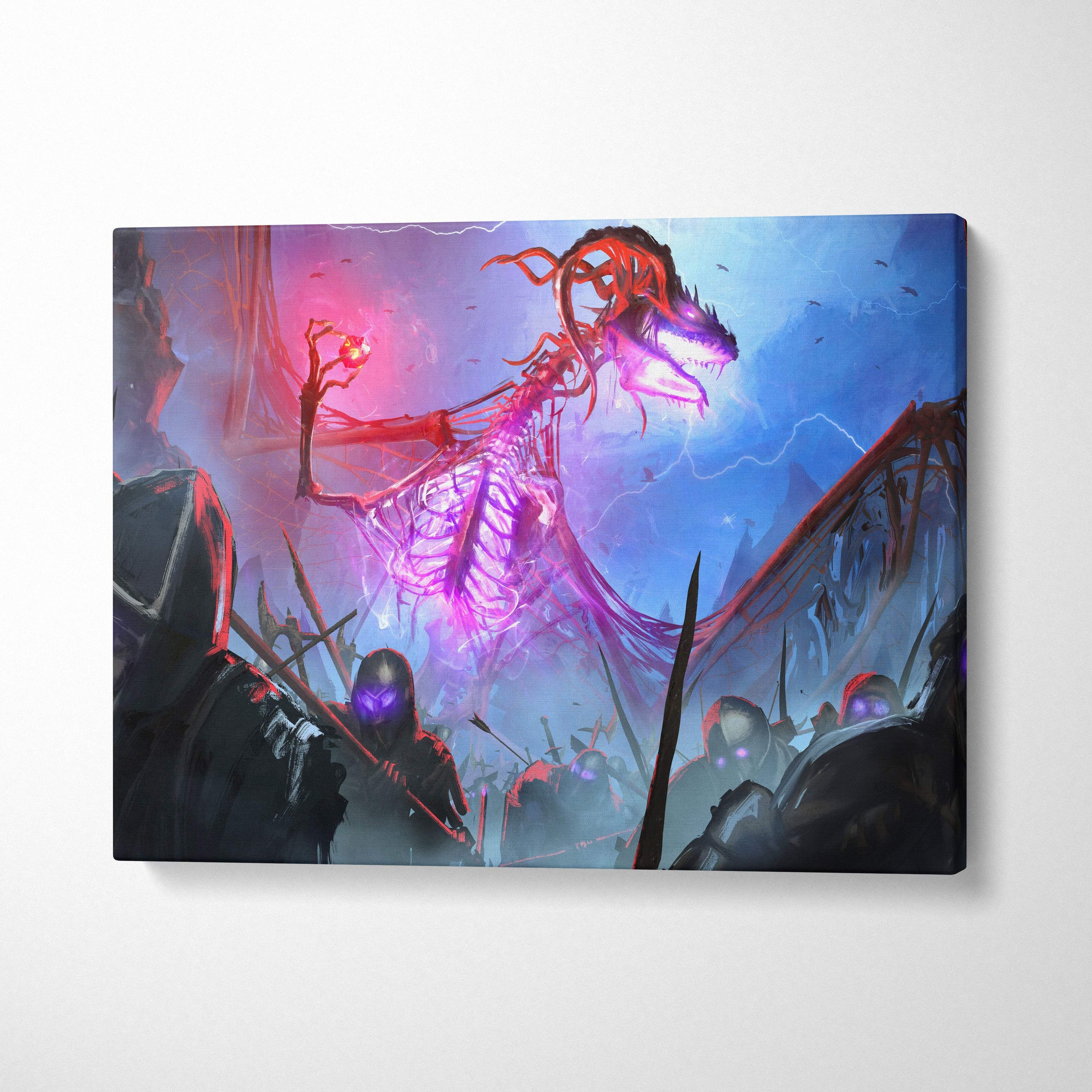 Undead dragon overlord canvas art featuring a glowing purple and red skeletal dragon over dark armored warriors