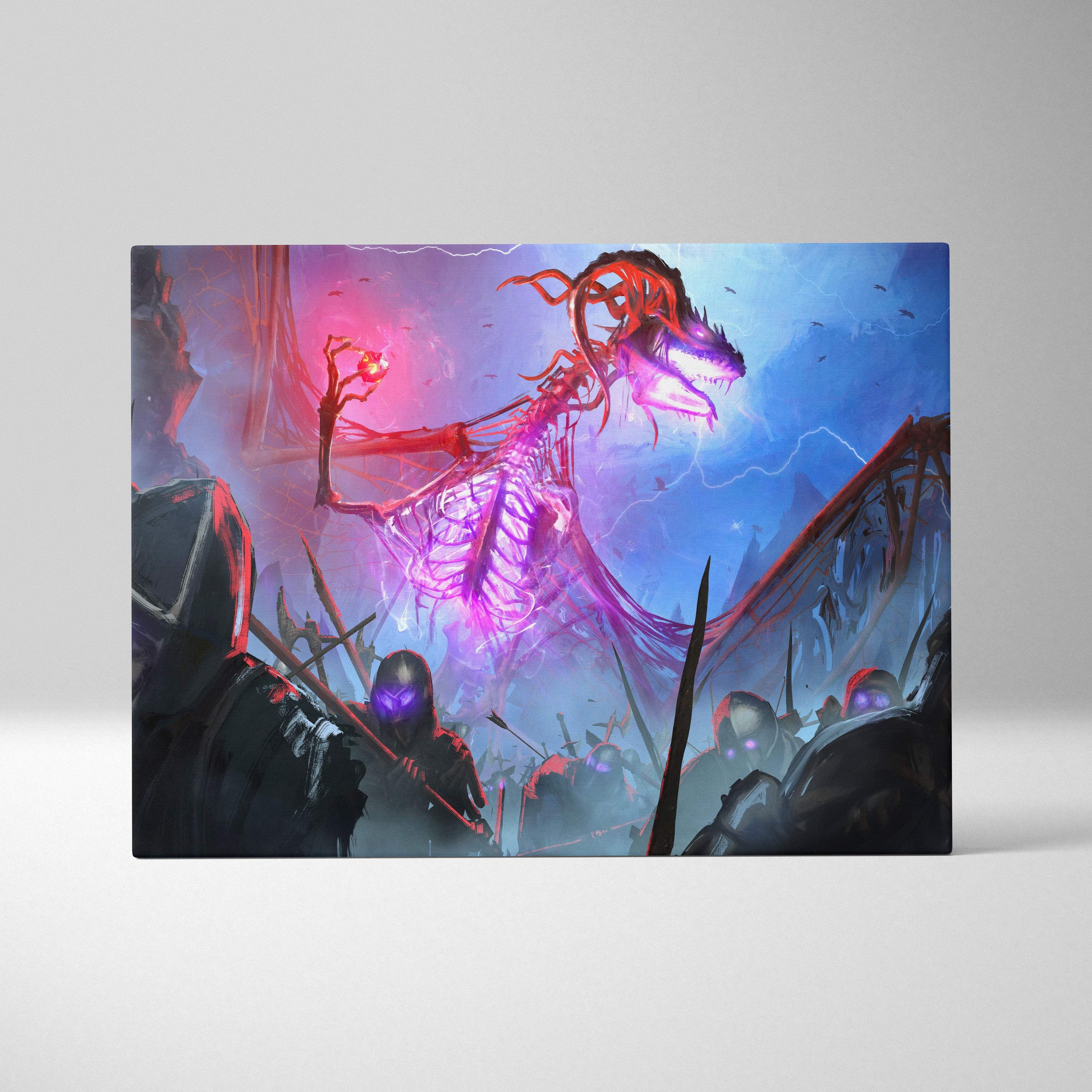 Vibrant undead dragon overlord canvas art featuring a glowing purple and red skeletal dragon above dark armored warriors