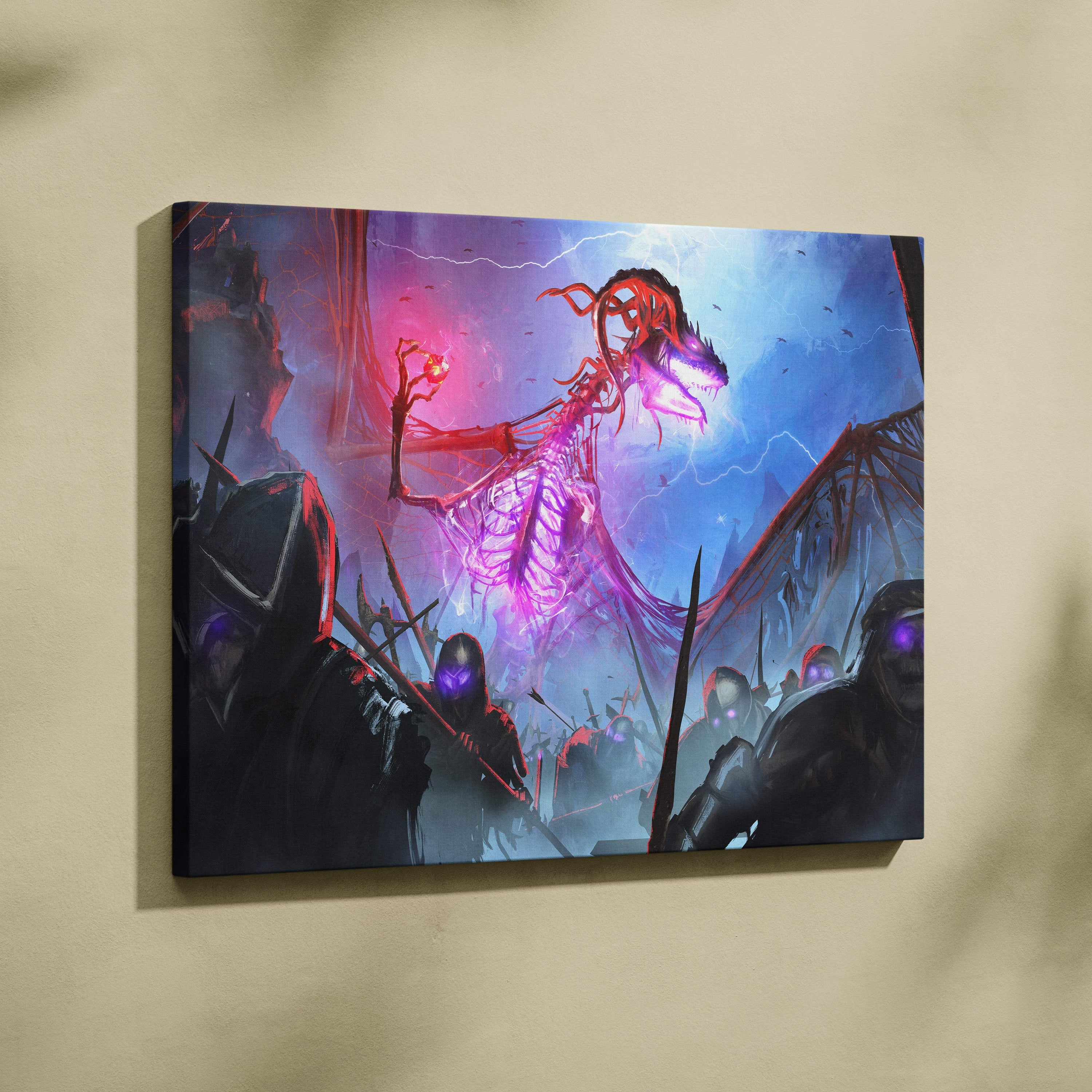 Undead dragon overlord canvas art featuring a glowing skeletal winged beast with neon purple and red hues soaring above dark warriors