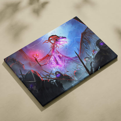 Vibrant undead dragon overlord canvas art featuring a glowing purple skeletal dragon above armored figures in a storm