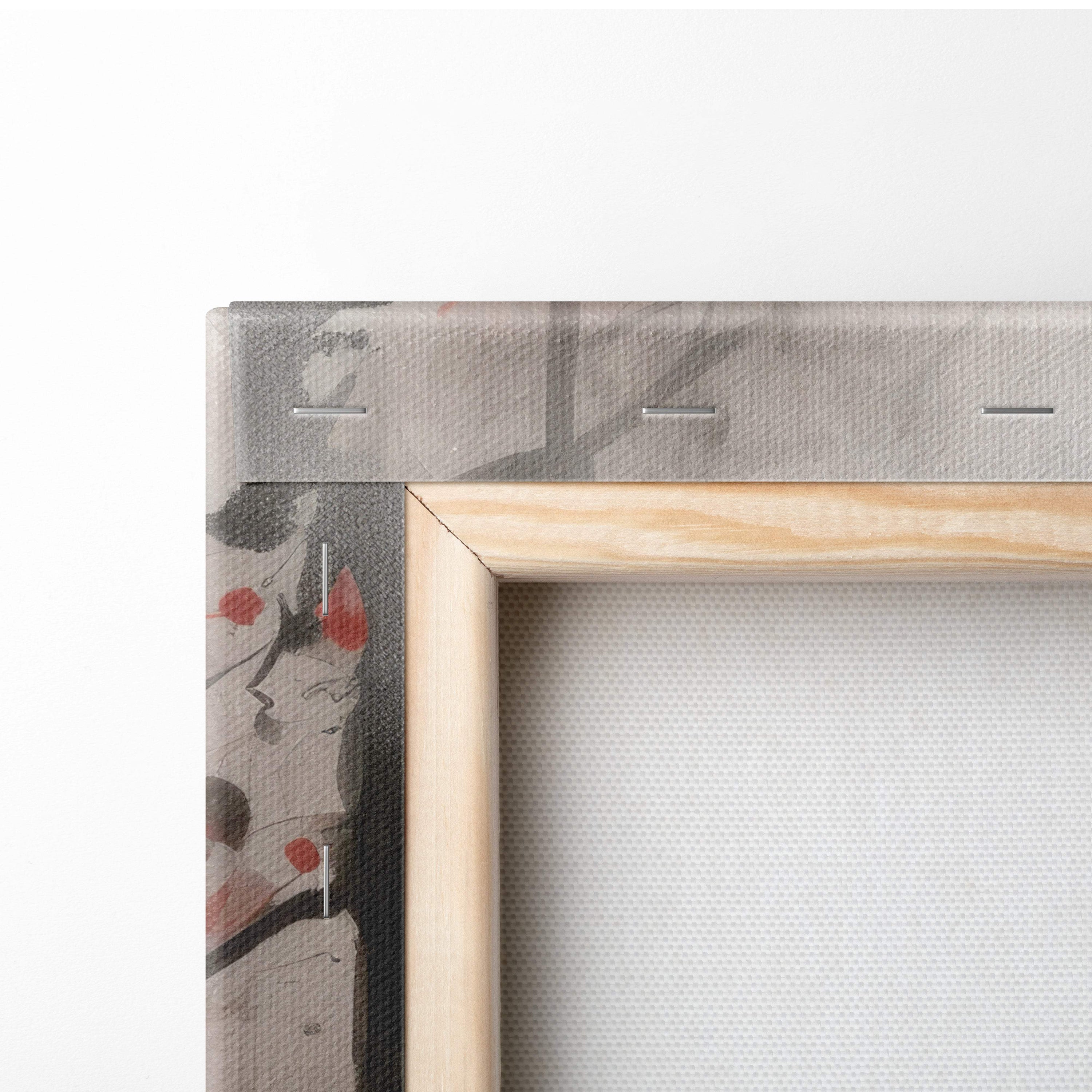 Light wood frame holding silent ronin canvas wall art with abstract black gray and red splashes in japanese sumi-e style