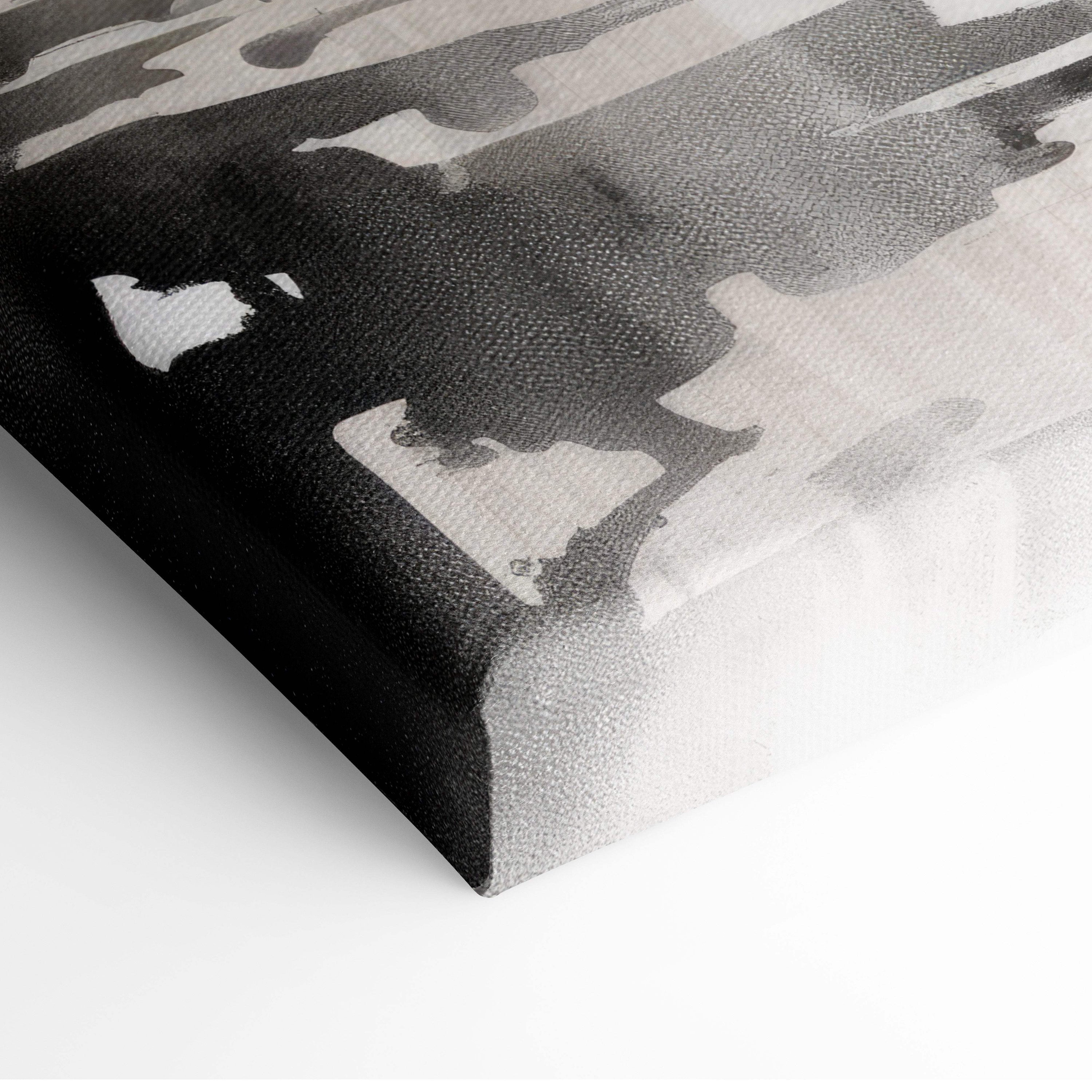 Black and white abstract canvas painting with textured brushstrokes featuring sumi-e samurai silhouette and red blossoms