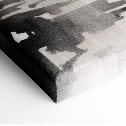 Black and white abstract canvas painting with textured brushstrokes featuring sumi-e samurai silhouette and red blossoms
