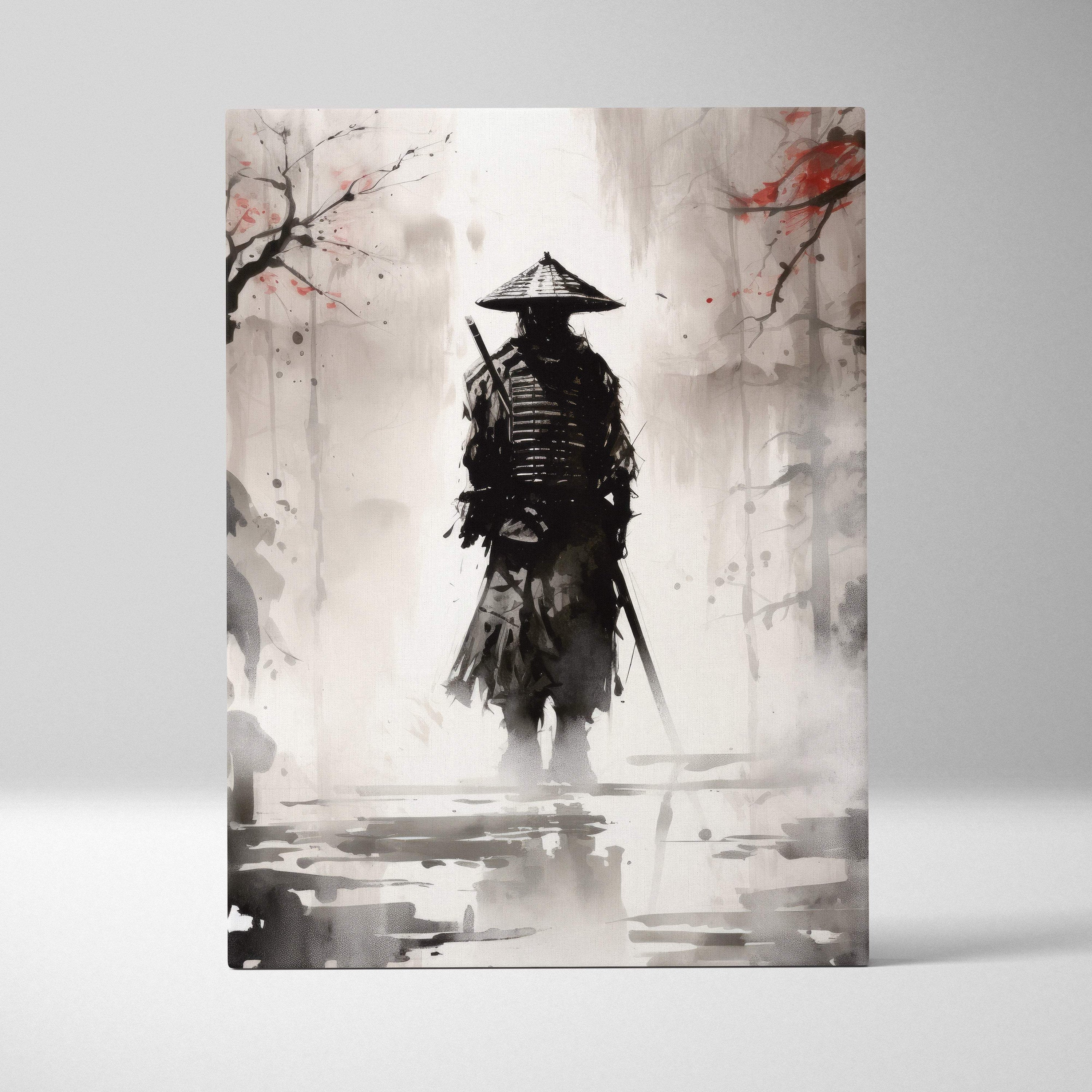 Silent ronin canvas wall art featuring black and white ink wash samurai silhouette with red blossom accents in misty forest