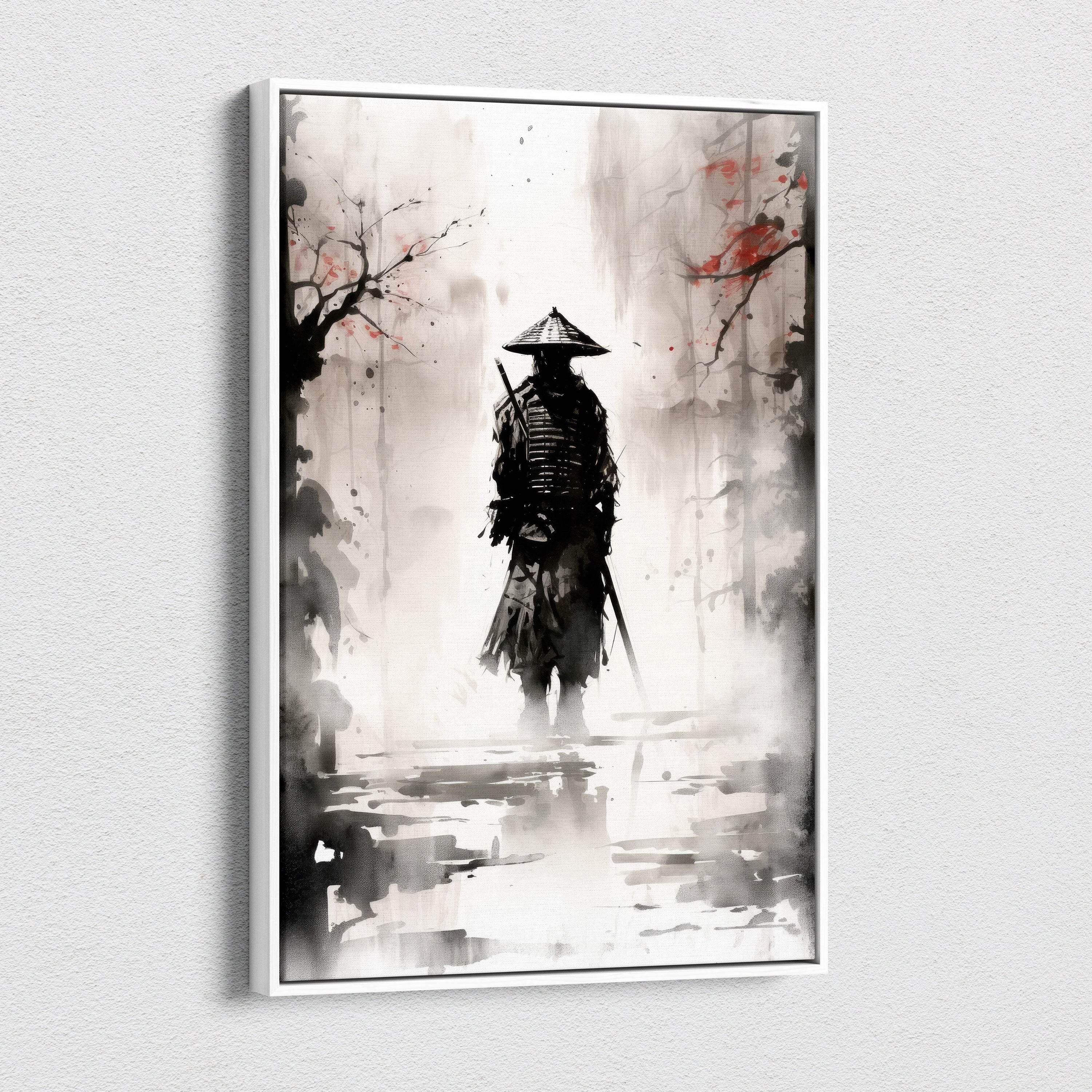 Minimalist white-framed canvas print of a black armored samurai with red blossoms in a misty sumi-e forest scene