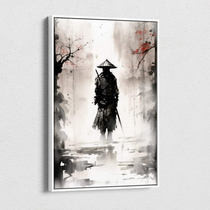 Minimalist white-framed canvas print of a black armored samurai with red blossoms in a misty sumi-e forest scene