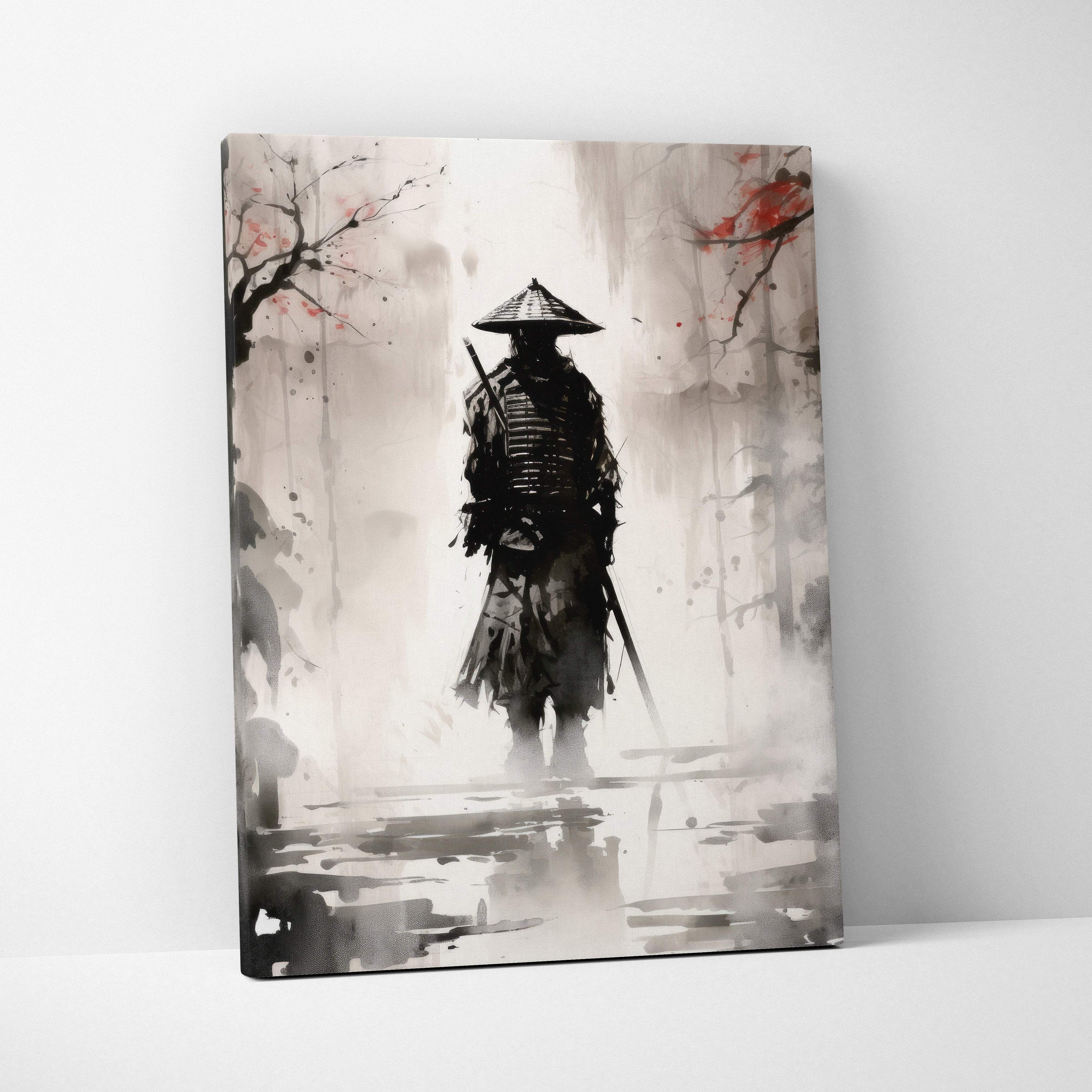 Black and white ink wash canvas print of a solitary samurai on a misty path with red blossom accents