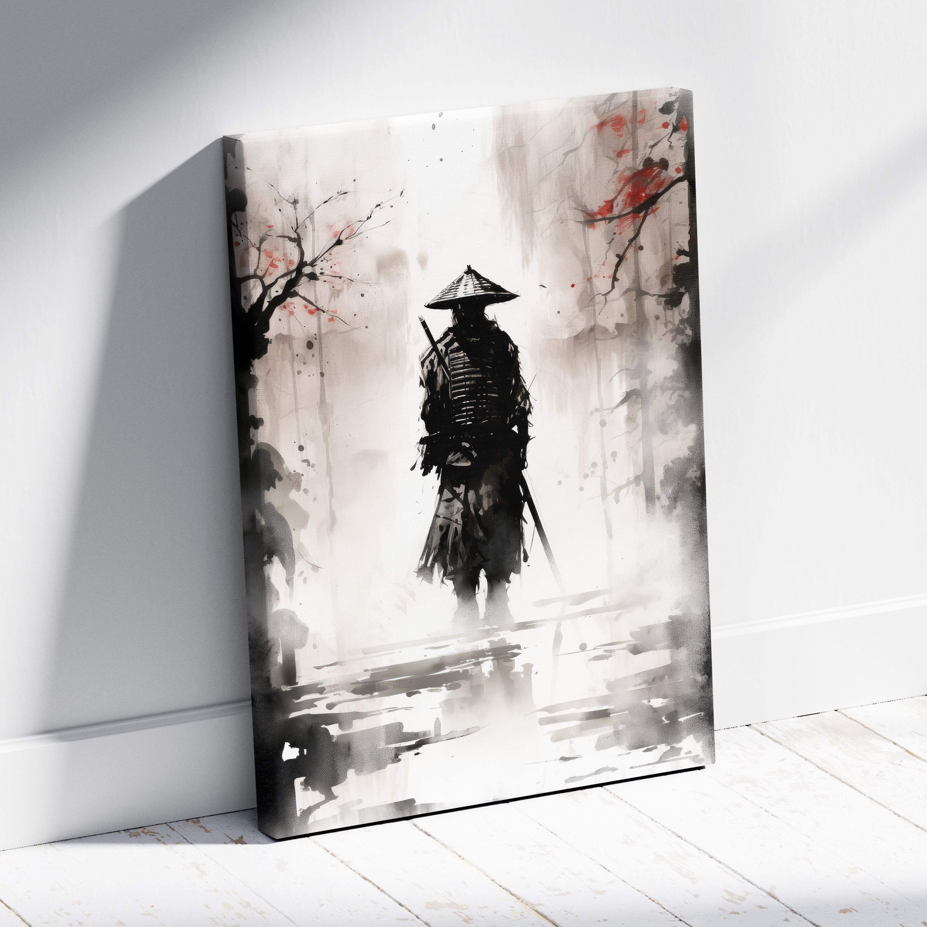 Black and white ink-style canvas print of a lone samurai beneath cherry blossoms with red splatter accents