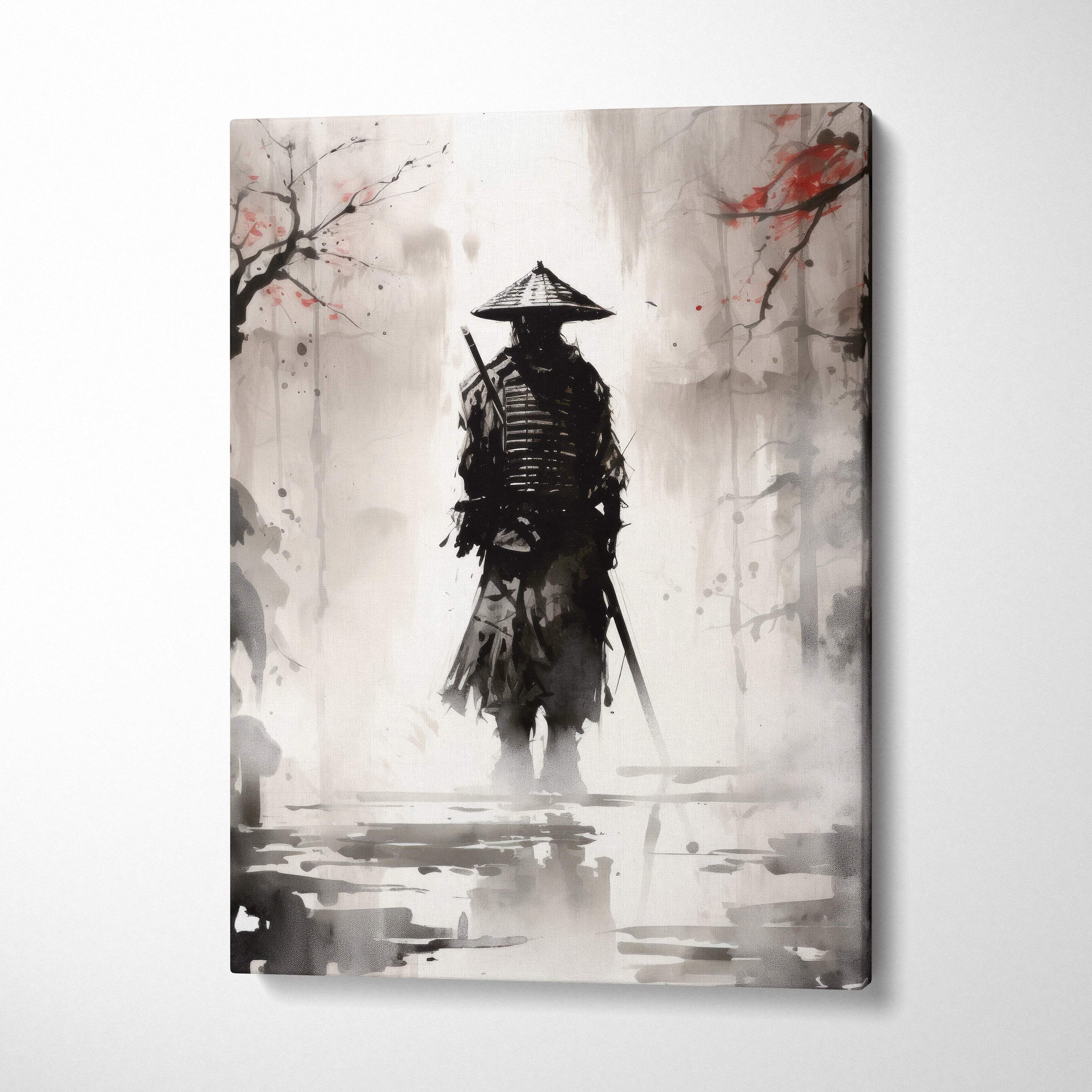 Silent ronin canvas wall art features a black and white ink wash samurai silhouette with red blossom accents on wet ground