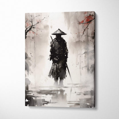 Silent ronin canvas wall art features a black and white ink wash samurai silhouette with red blossom accents on wet ground