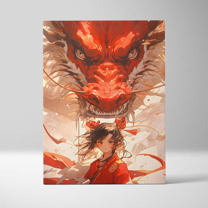 Crimson guardian dragon canvas wall art featuring red dragon and anime shrine maiden with fiery aura and flowing ribbons