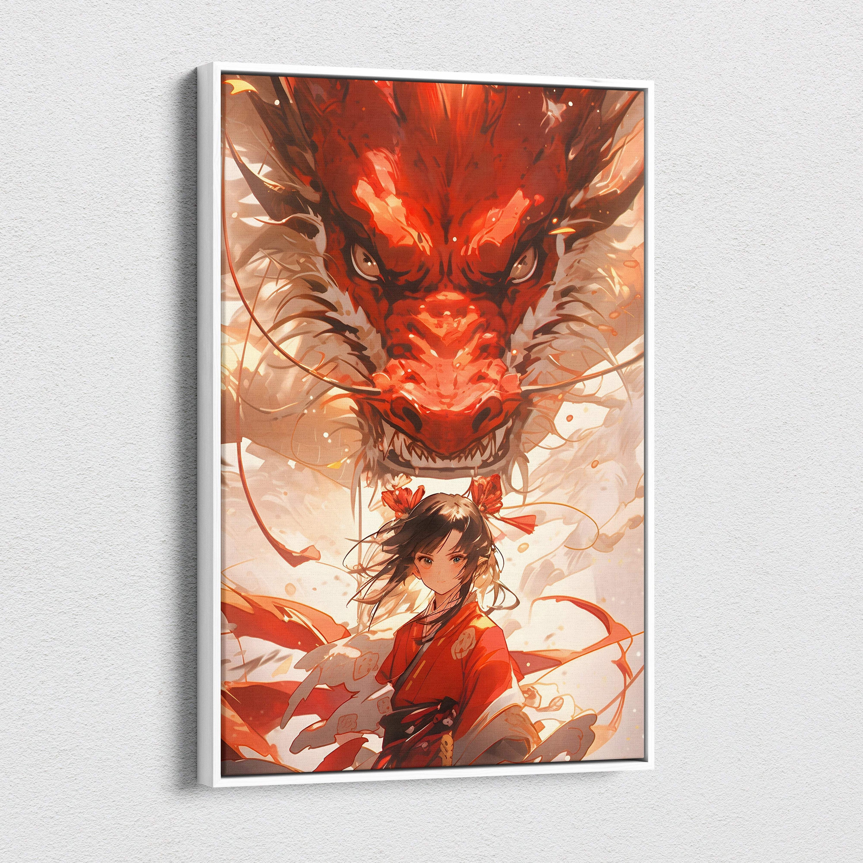 A framed crimson guardian dragon canvas wall art featuring a fierce red dragon and anime shrine maiden in white frame
