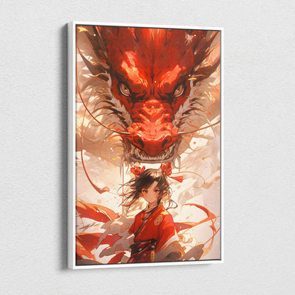A framed crimson guardian dragon canvas wall art featuring a fierce red dragon and anime shrine maiden in white frame