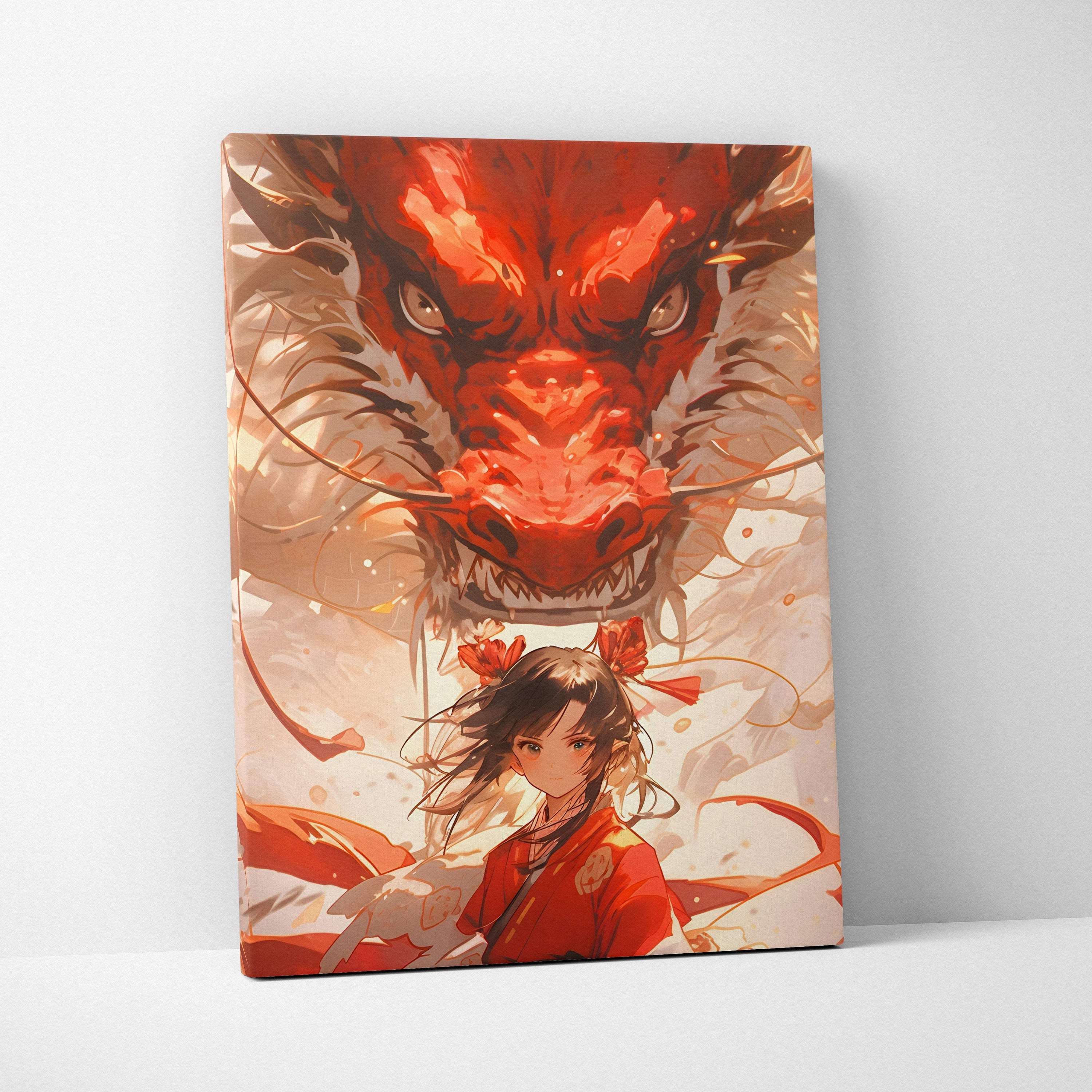 Crimson guardian dragon canvas wall art featuring a vibrant red dragon with white and gold details over a shrine maiden