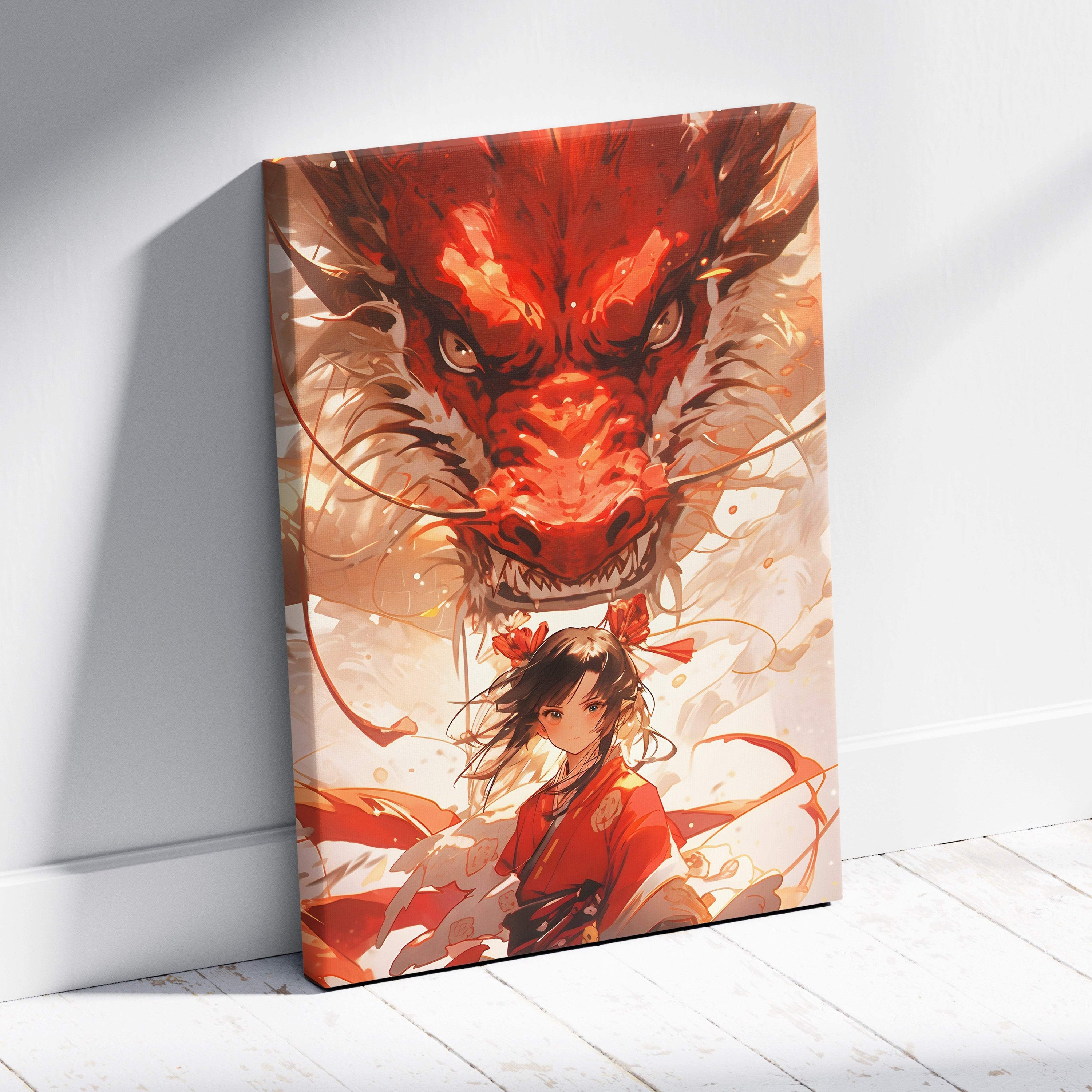 Vibrant red dragon and anime shrine maiden canvas print with fiery aura leaning against a white wall
