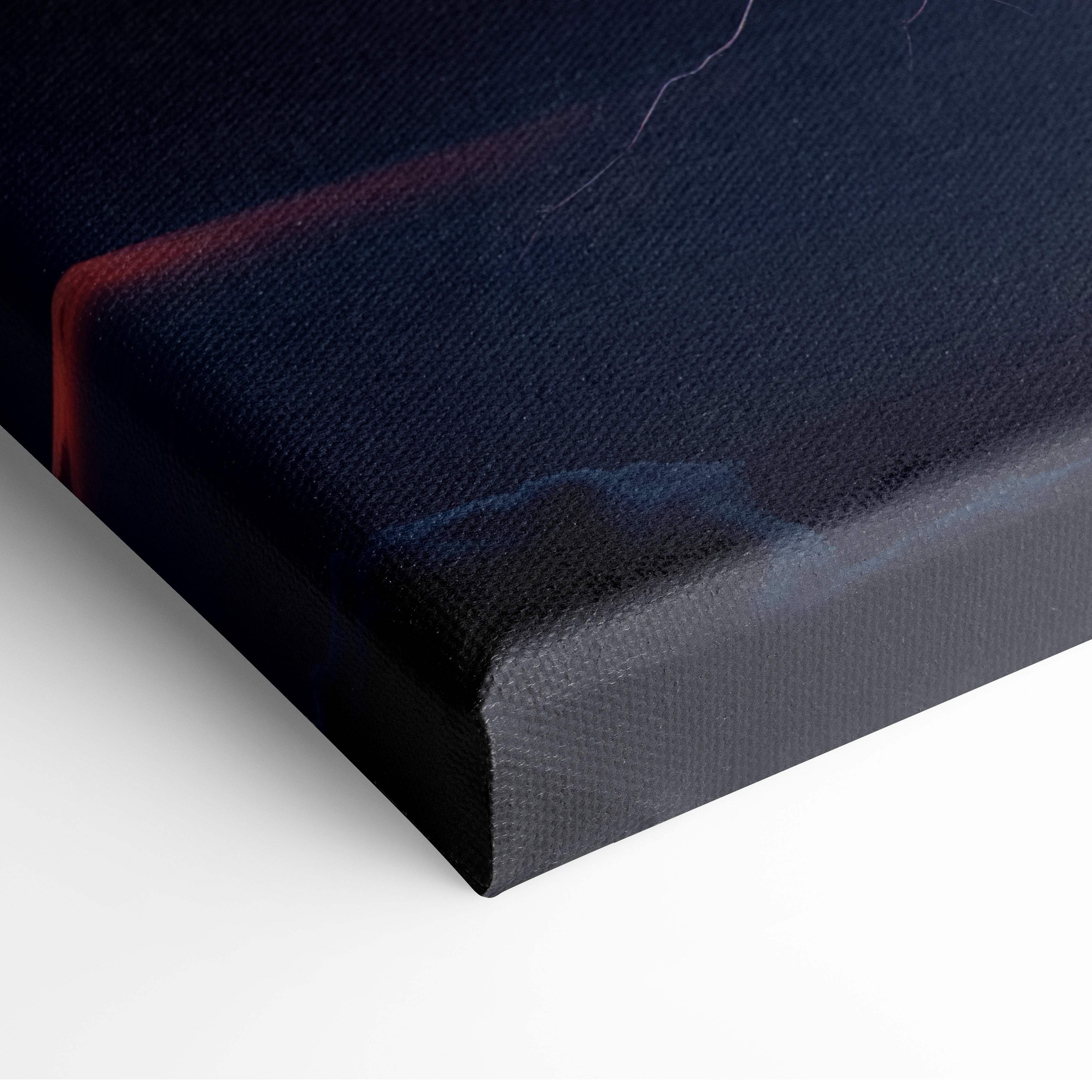 Black canvas art with textured surface and subtle red and blue brushstrokes lightning storm nature wall decor