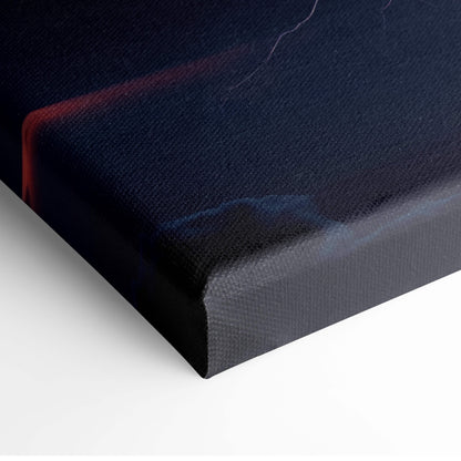 Black canvas art with textured surface and subtle red and blue brushstrokes lightning storm nature wall decor
