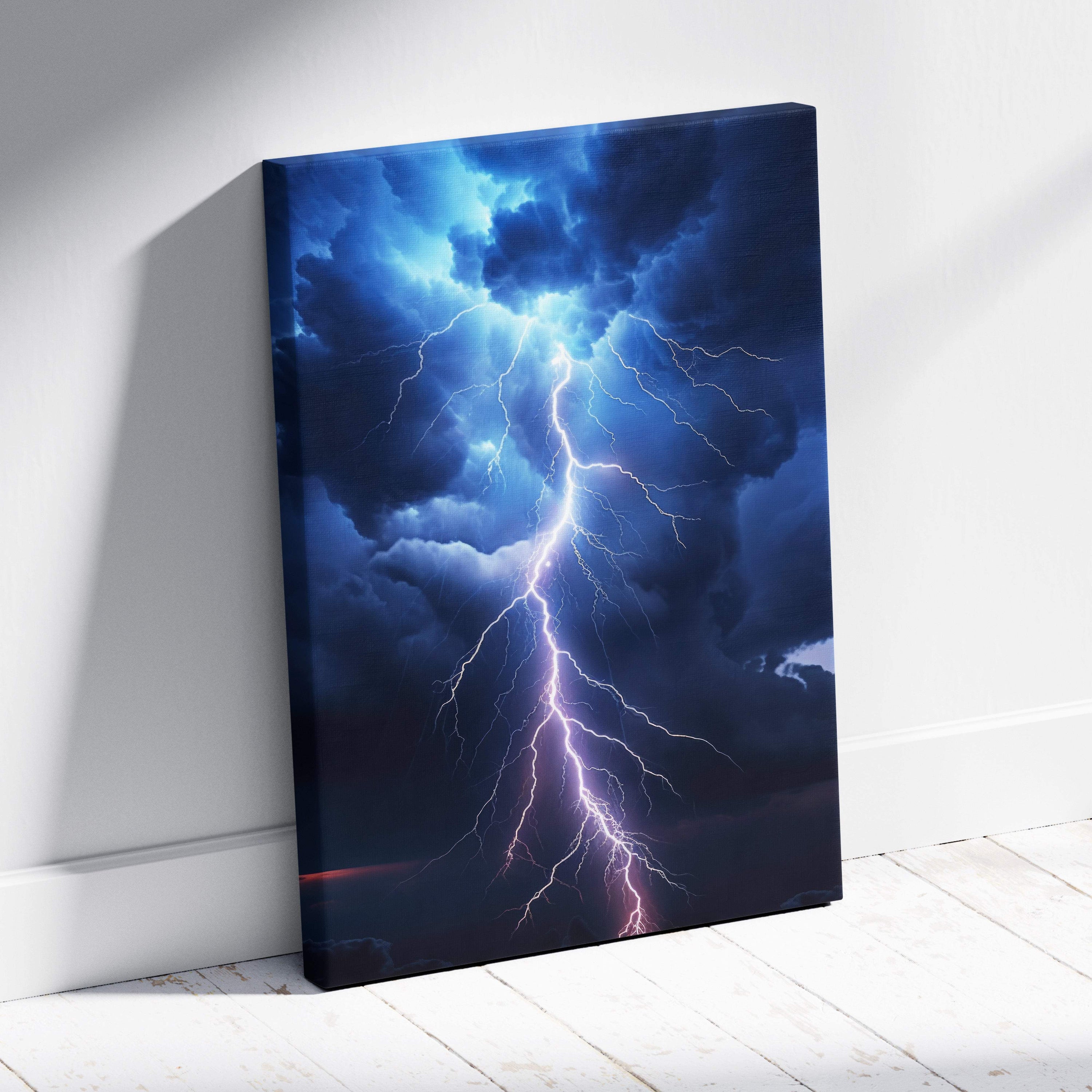 Vibrant blue canvas art featuring a dramatic lightning bolt striking stormy dark blue clouds for wall decor