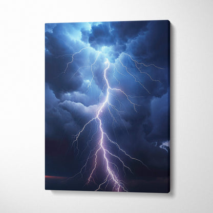 Lightning storm canvas art featuring a dramatic lightning bolt through dark blue stormy clouds nature wall decor