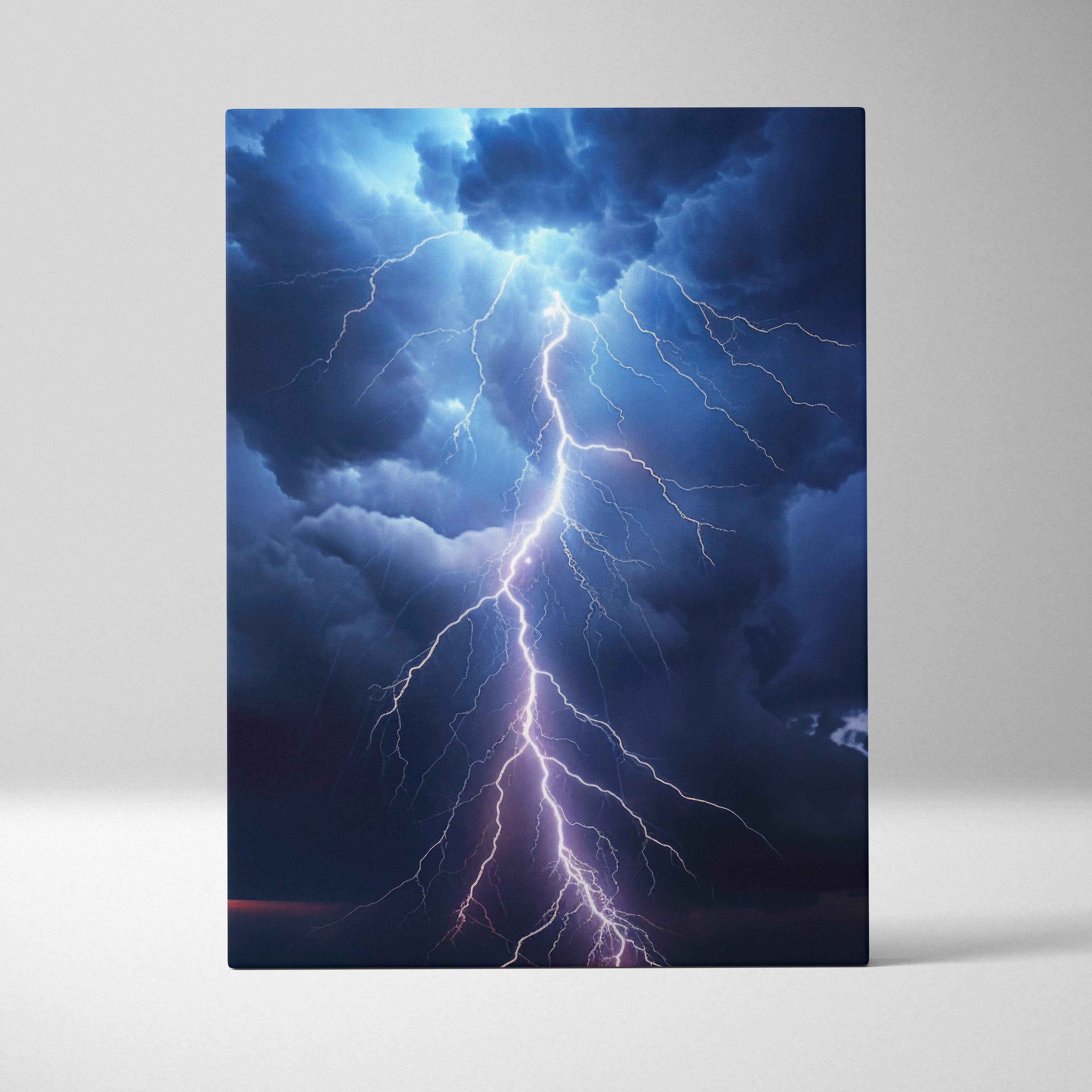 A rectangular canvas print featuring a vivid lightning bolt striking through dark blue stormy clouds for wall decor