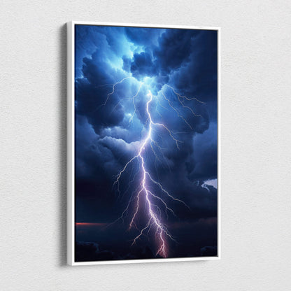 A framed lightning storm canvas art featuring a dramatic lightning bolt through dark blue and purple storm clouds