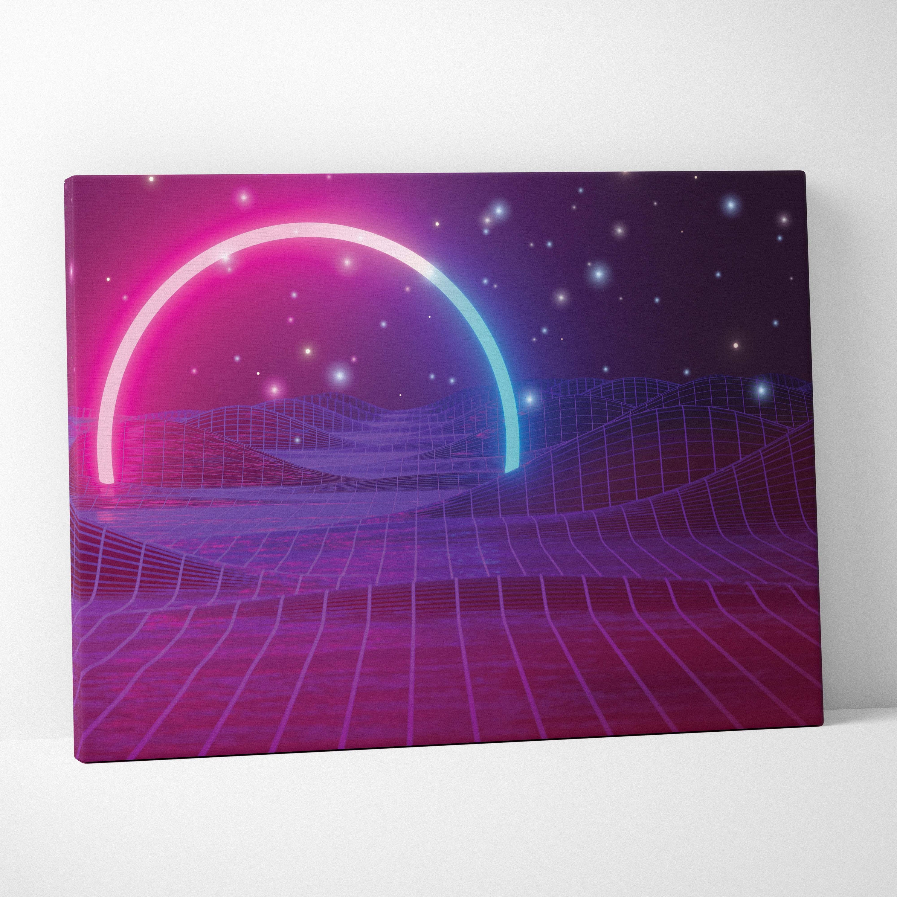 Retro neon grid horizon canvas art featuring vibrant neon pink and cyan arc glowing over purple grid landscape