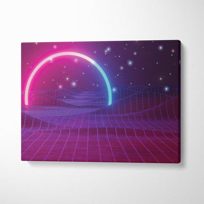 Vibrant neon pink and blue archway canvas print with retro-futuristic synthwave grid horizon and glowing sun ring