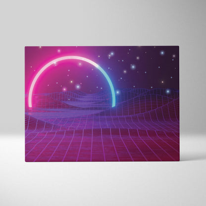 A rectangular canvas print featuring a glowing pink and cyan neon archway over a retro-futuristic grid landscape