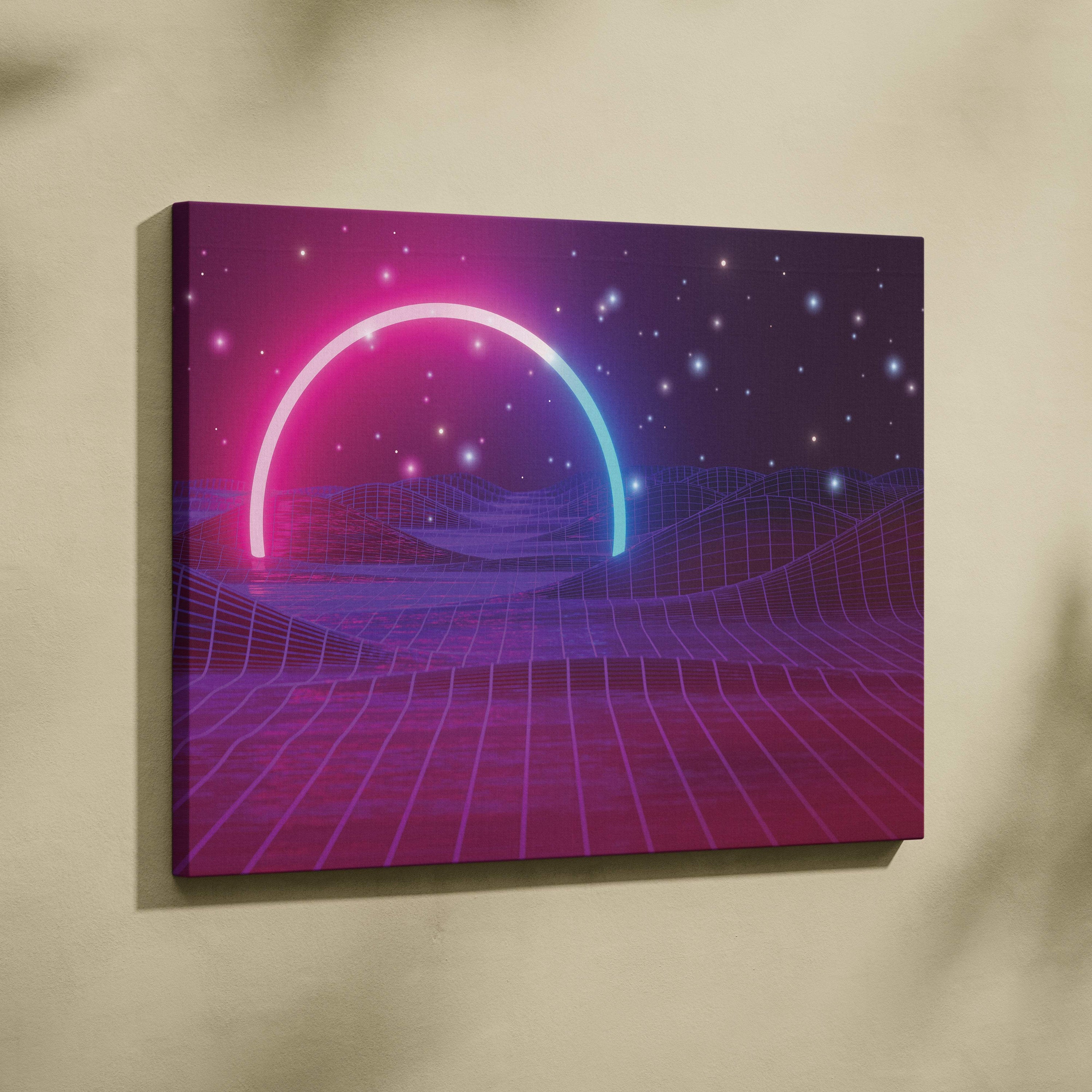 Vibrant neon pink and cyan canvas print of retro futuristic synthwave landscape with glowing grid and purple starfield sky