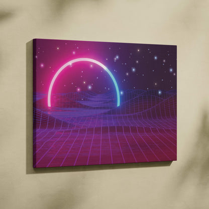 Vibrant neon pink and cyan canvas print of retro futuristic synthwave landscape with glowing grid and purple starfield sky