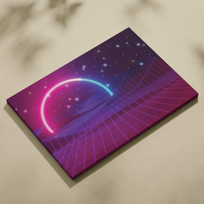 Retro neon grid horizon canvas art with vibrant neon pink and cyan crescent moon over a purple starfield sky