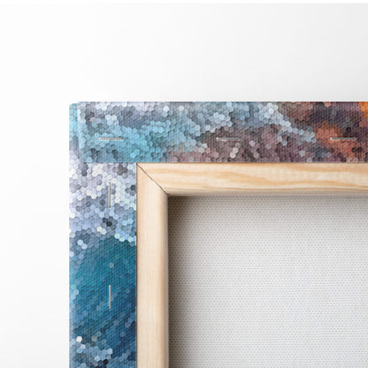 A wooden frame featuring a hexagonal mosaic pattern in shades of blue teal and brown for coastal living room decor