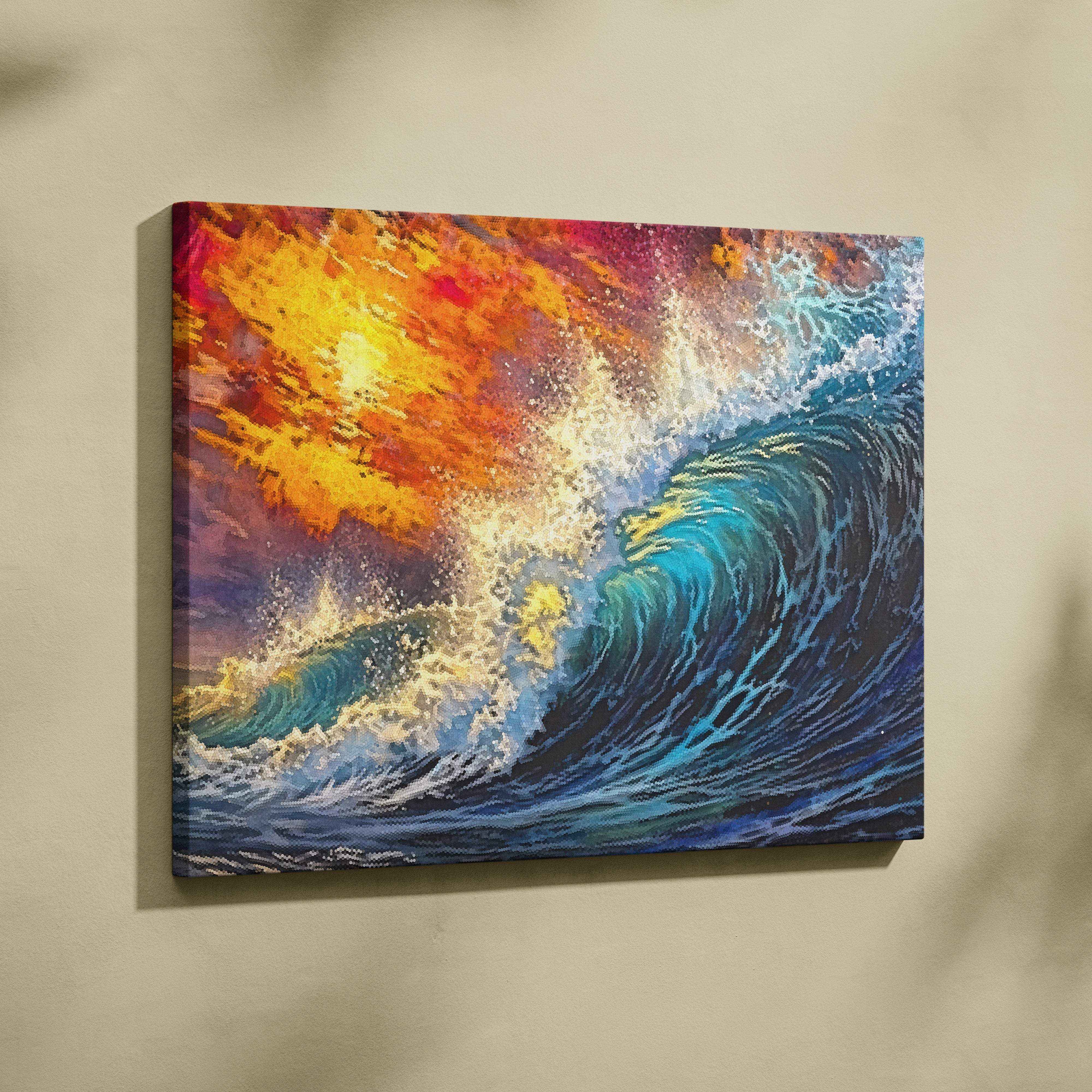 Vibrant abstract ocean wave canvas wall art print with blue and fiery orange stormy seascape for coastal decor