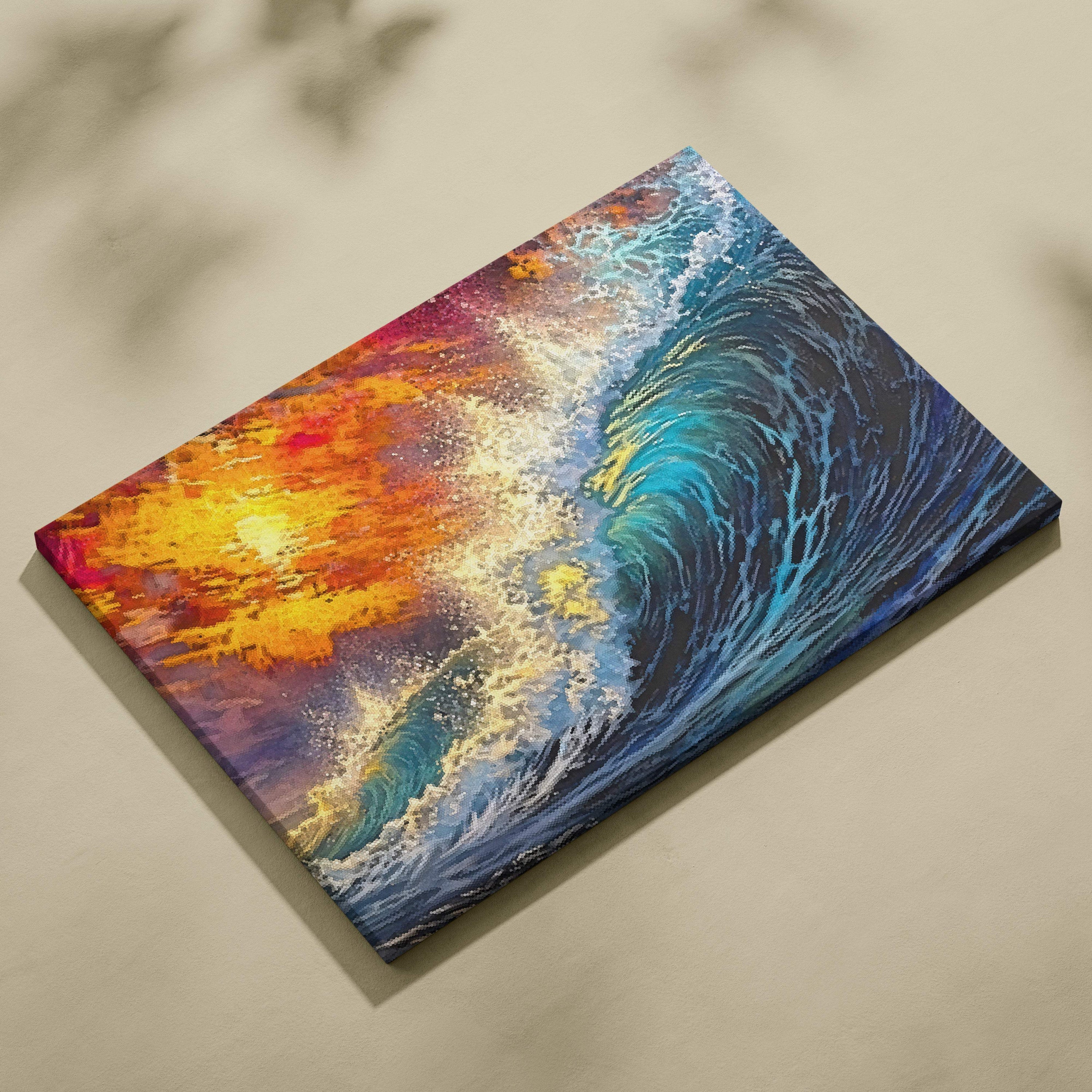 Abstract ocean wave canvas wall art print with dynamic brushstrokes in blue orange stormy seascape for coastal decor