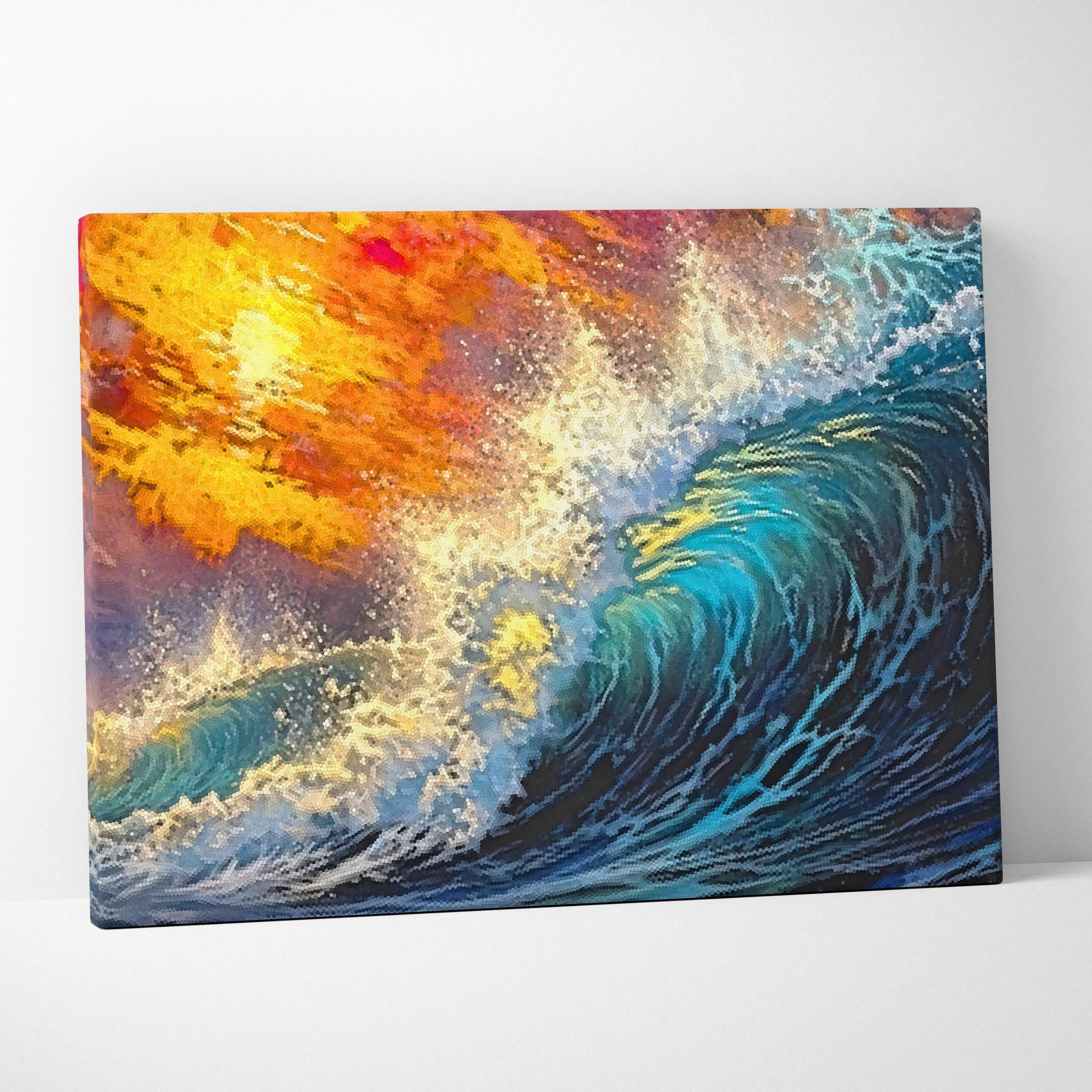 Abstract ocean wave canvas wall art print with swirling blues teals and fiery oranges for bold coastal living room decor