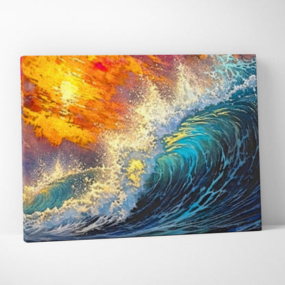Abstract ocean wave canvas wall art print with swirling blues teals and fiery oranges for bold coastal living room decor