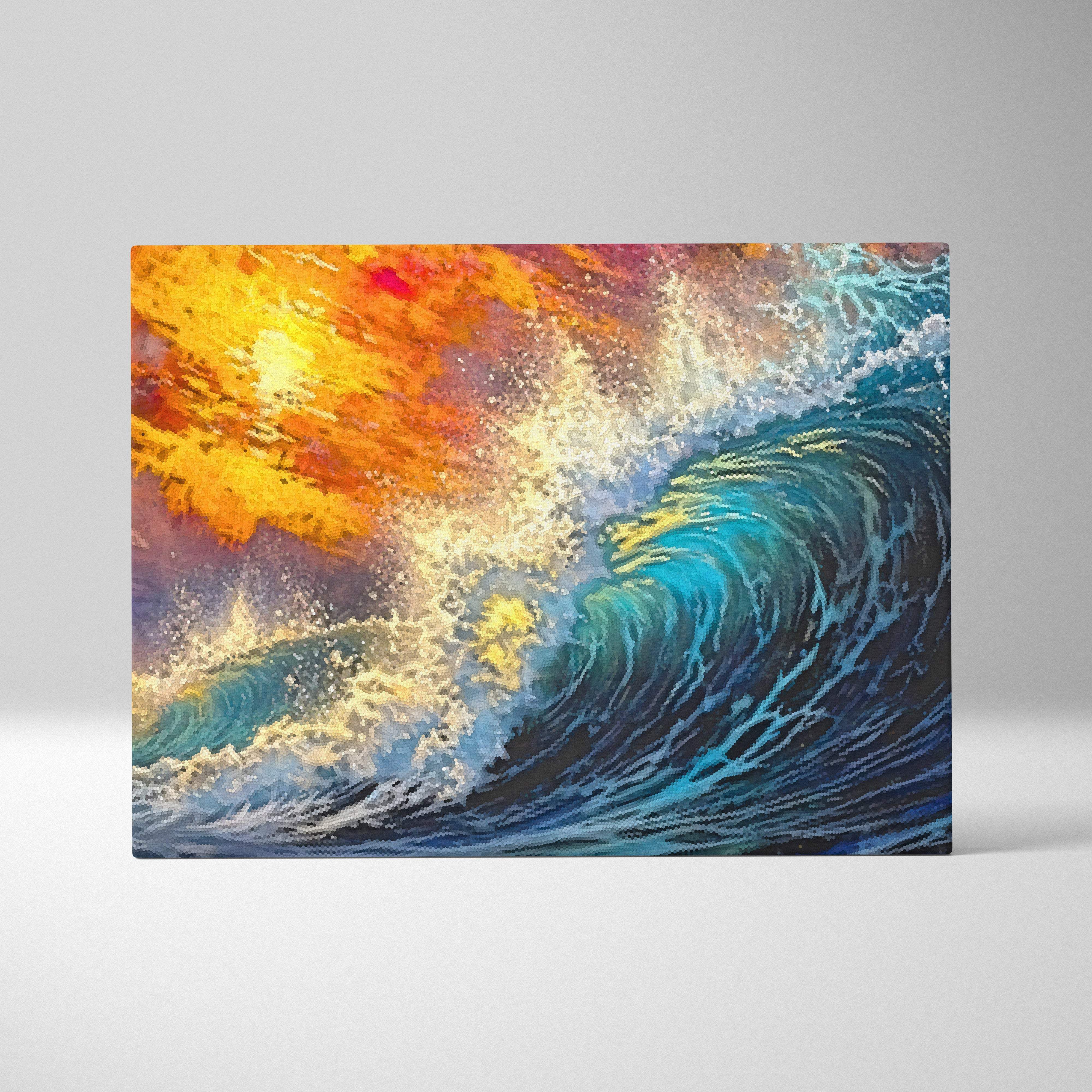 Abstract ocean wave canvas wall art print with vibrant blues teals and orange for bold coastal living room decor