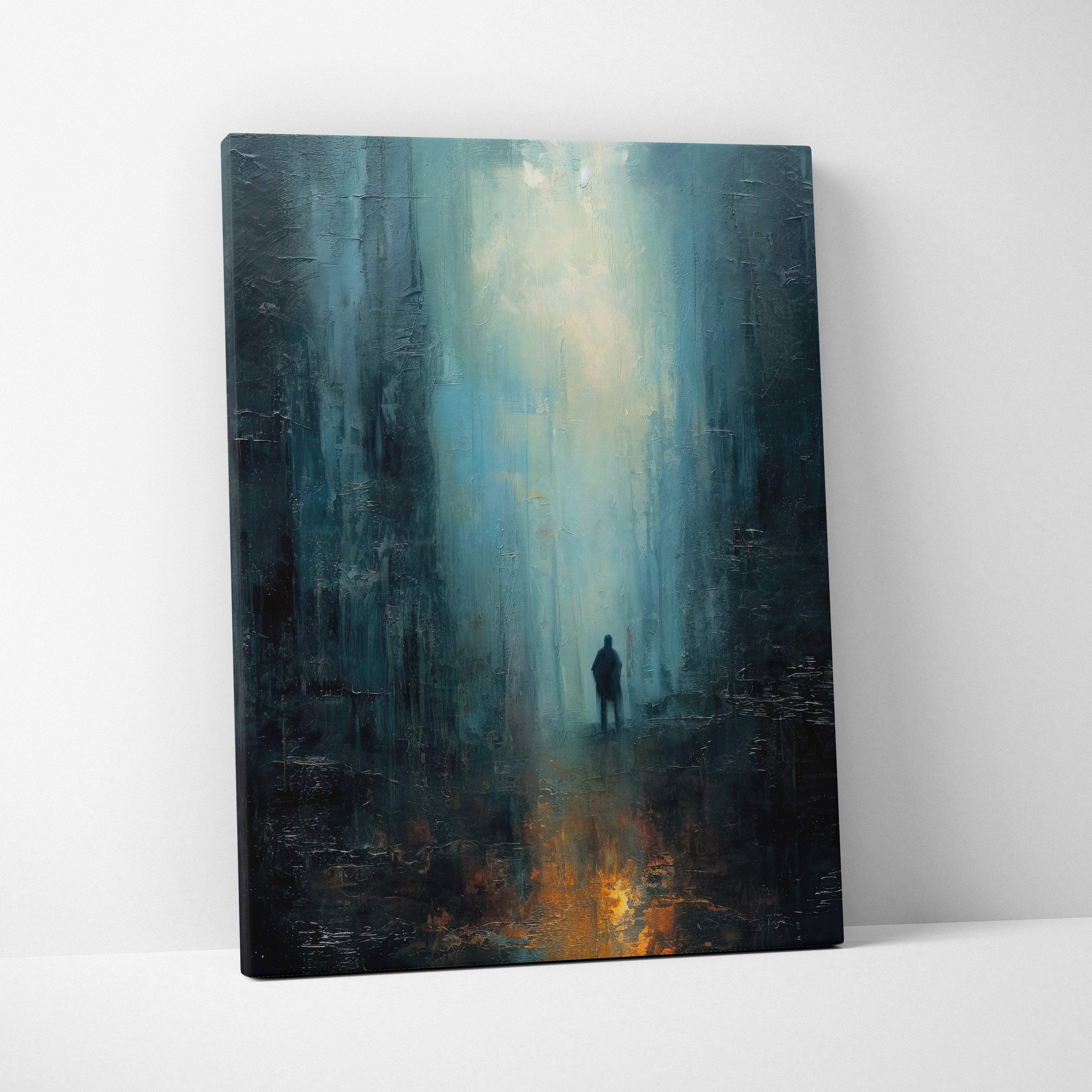 Rectangular canvas painting of a solitary figure walking through a teal and black textured forest with a bright vertical light
