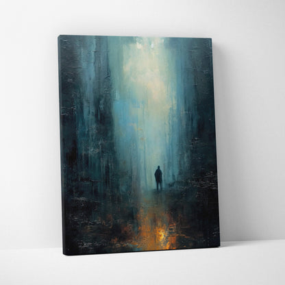 Rectangular canvas painting of a solitary figure walking through a teal and black textured forest with a bright vertical light